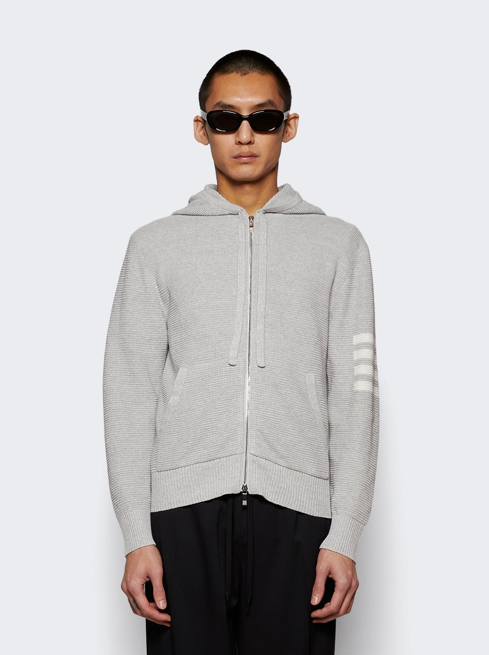 Textured Stitch Zip Up Hoodie Light Grey - 3