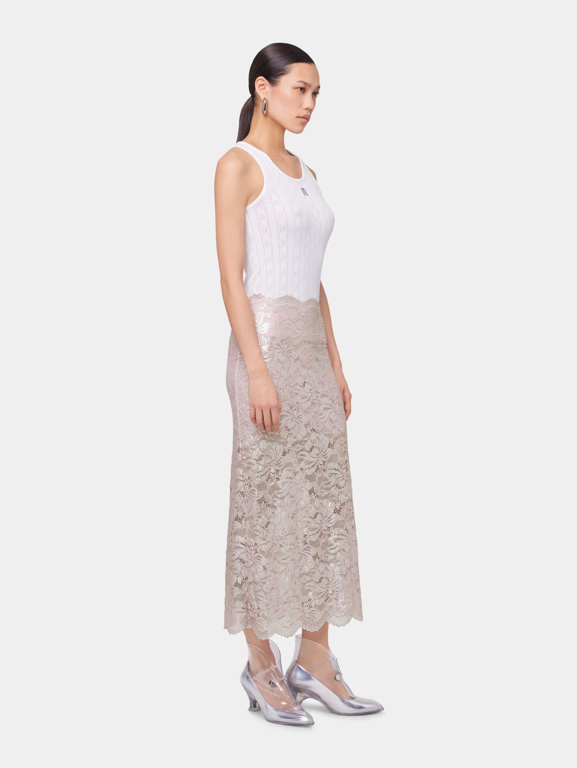 LIGHT PINK LONG SKIRT IN LACE WITH SILVER INDUCTION - 6