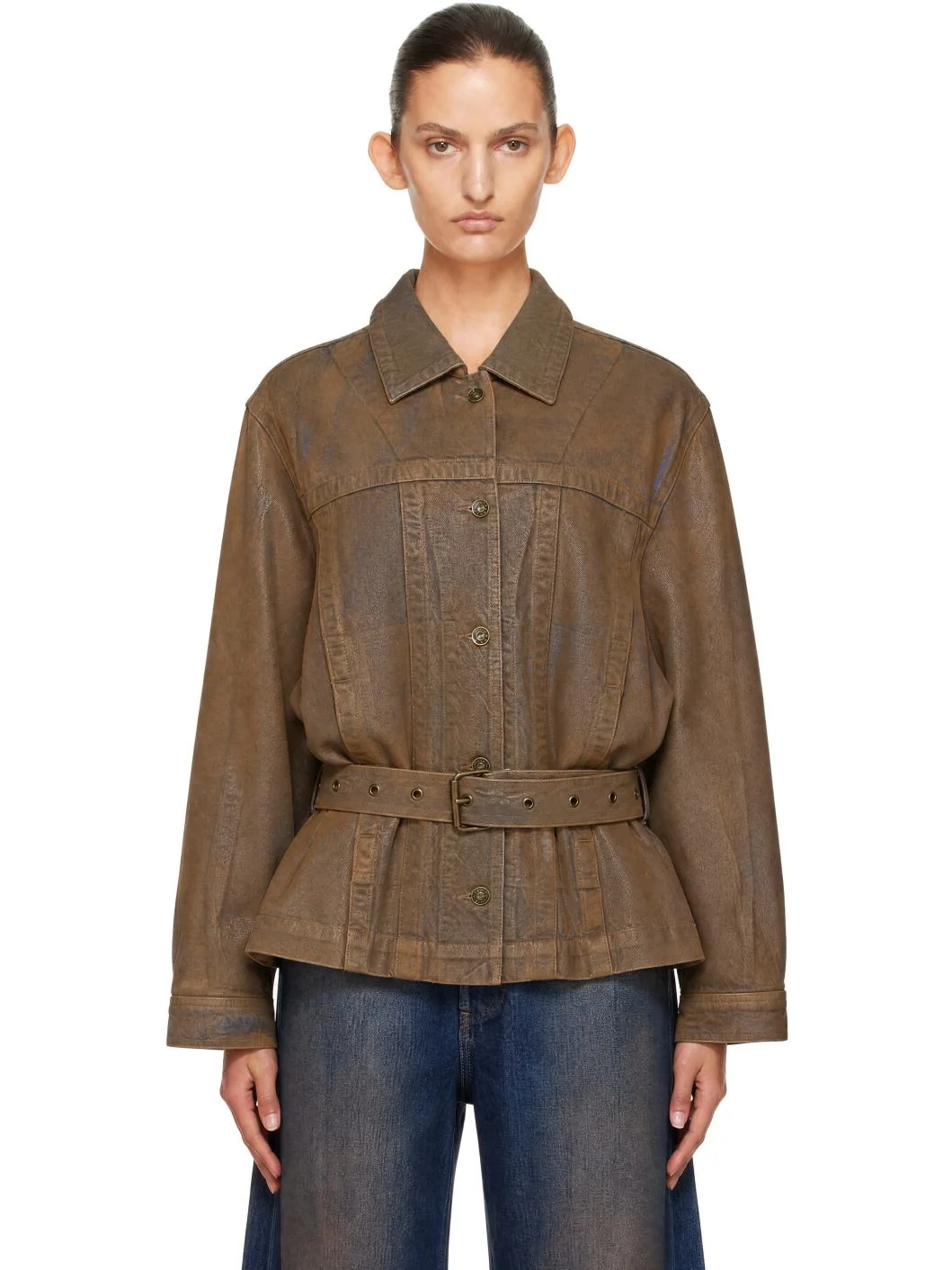 Brown Oversized Gloss Coated Denim Jacket - 1