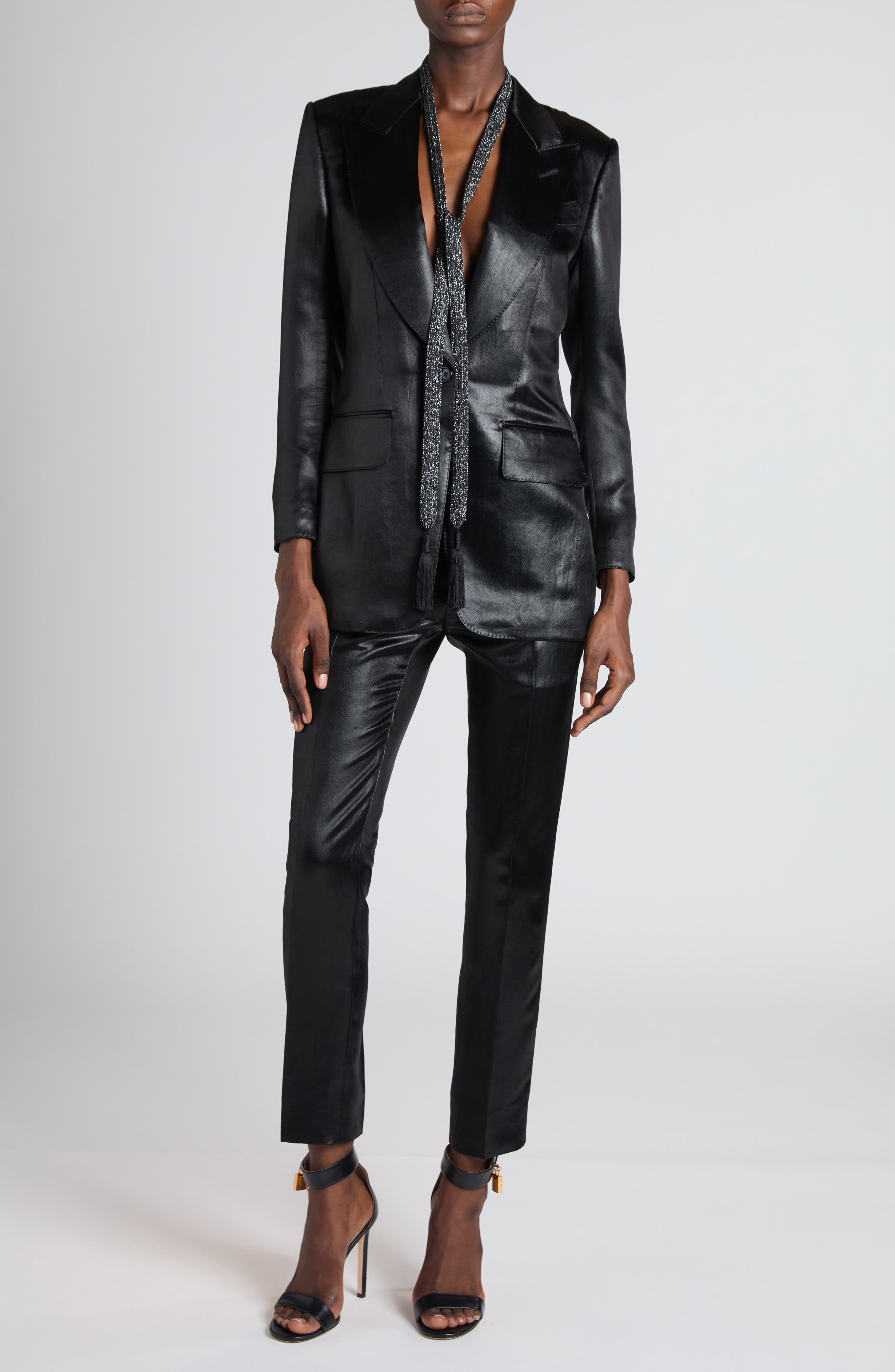 TOM FORD Tailored Liquid Satin Skinny Ankle Pants in Black at Nordstrom - 2