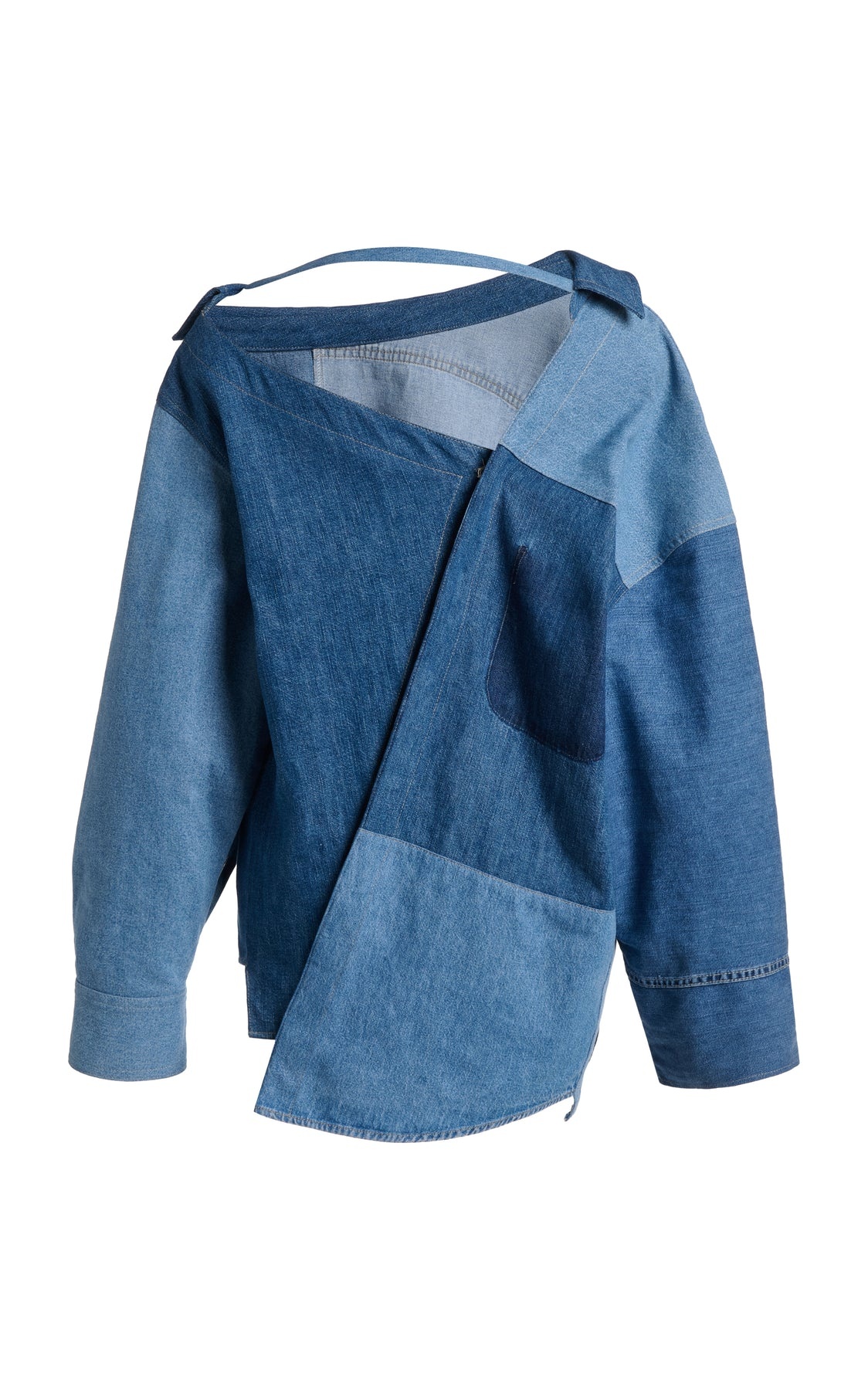 OFF SHOULDER UPCYCLED DENIM BACK TO FRONT SHIRT BLUE - 8
