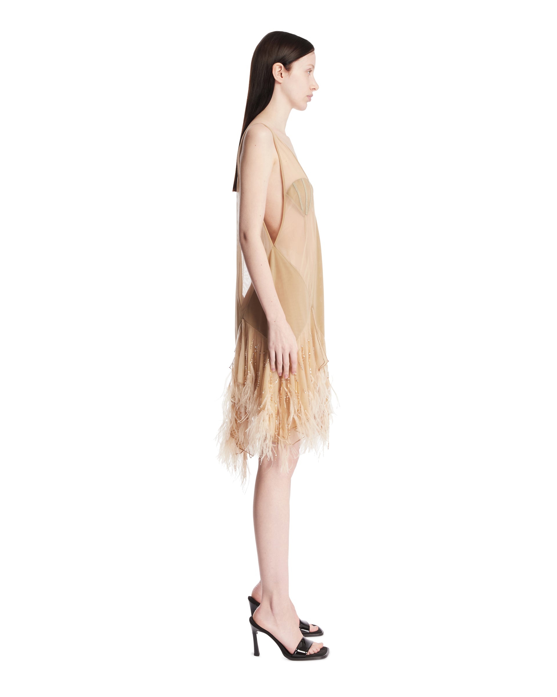 Beige Feather Mini Dress - 5