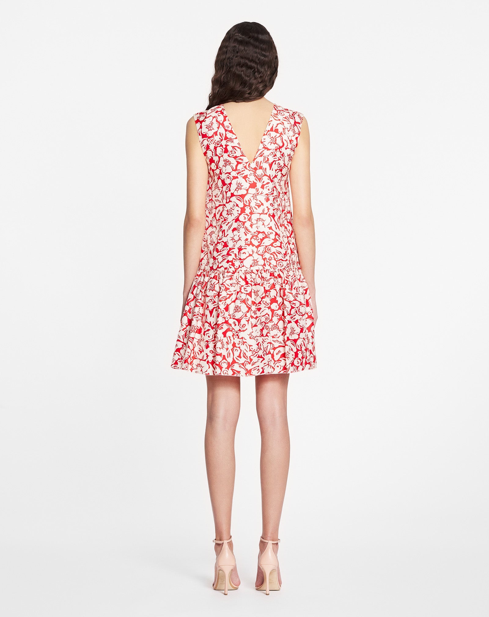 SLEEVELESS ROUND NECK DRESS WITH RUFFLES IN PRINTED SILK TWILL - 3