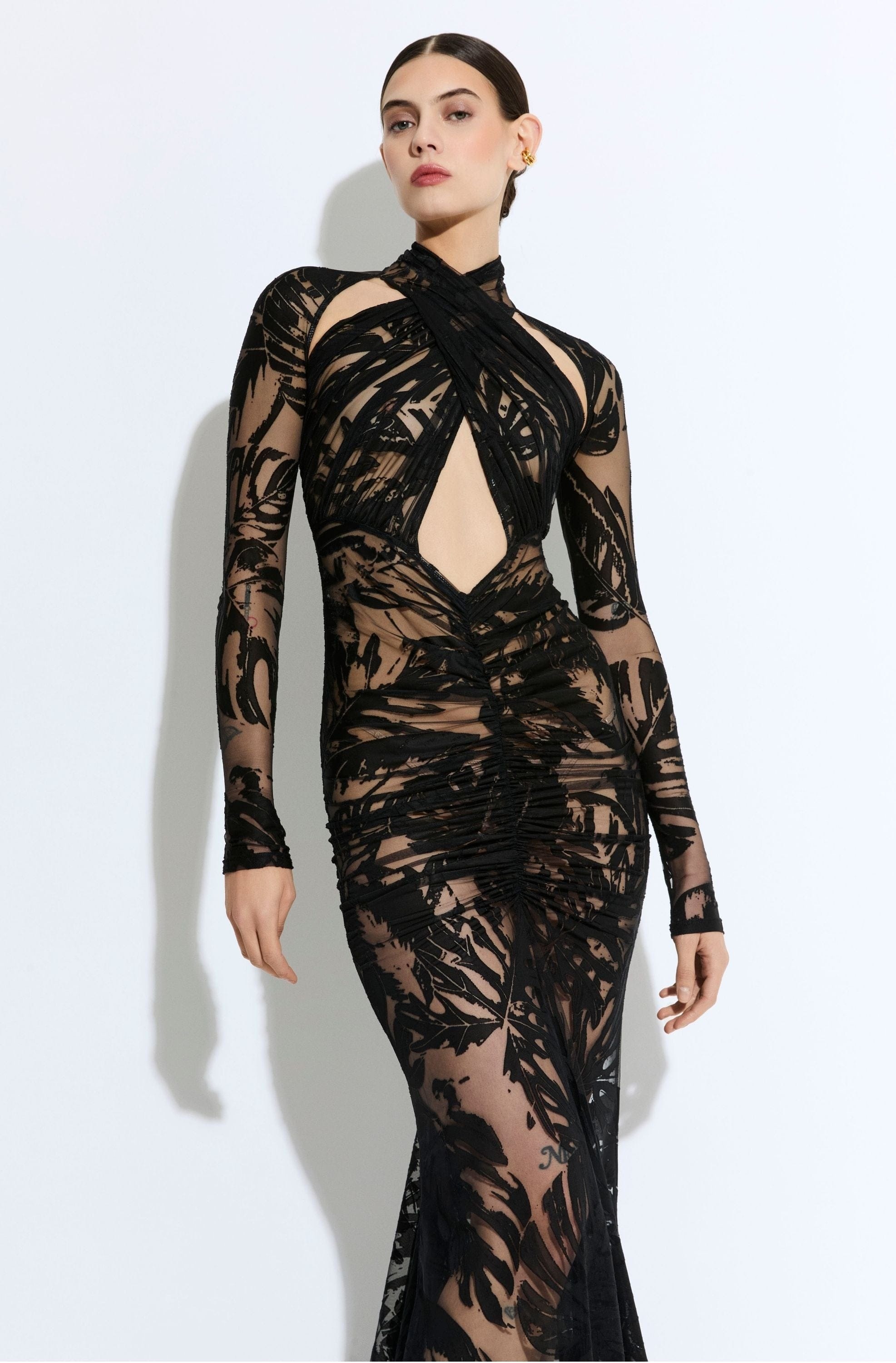 Burnout Jersey Halter Ruched Gown - 4