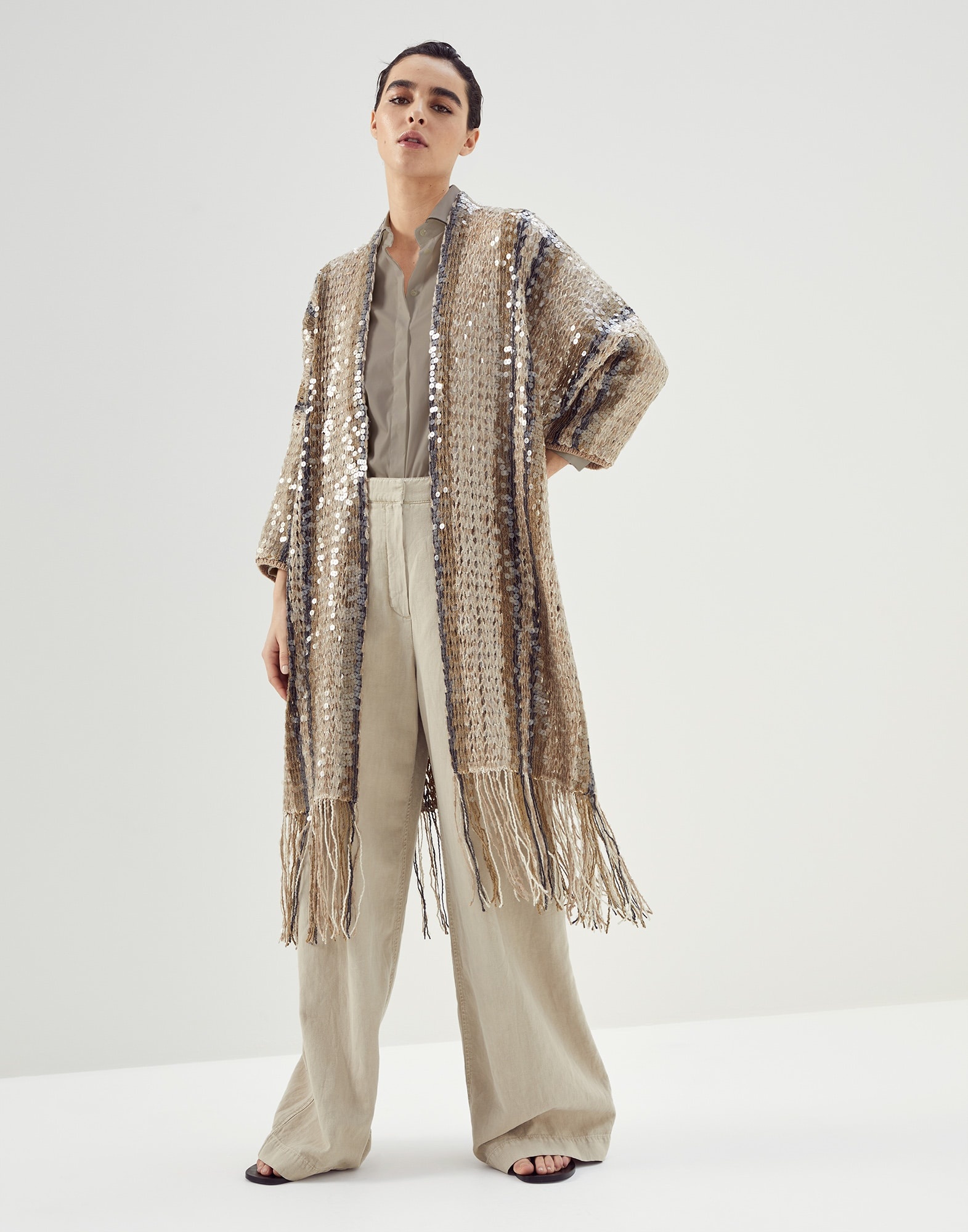 Dazzling Stripe Embroidery long cardigan in jute and cotton - 1