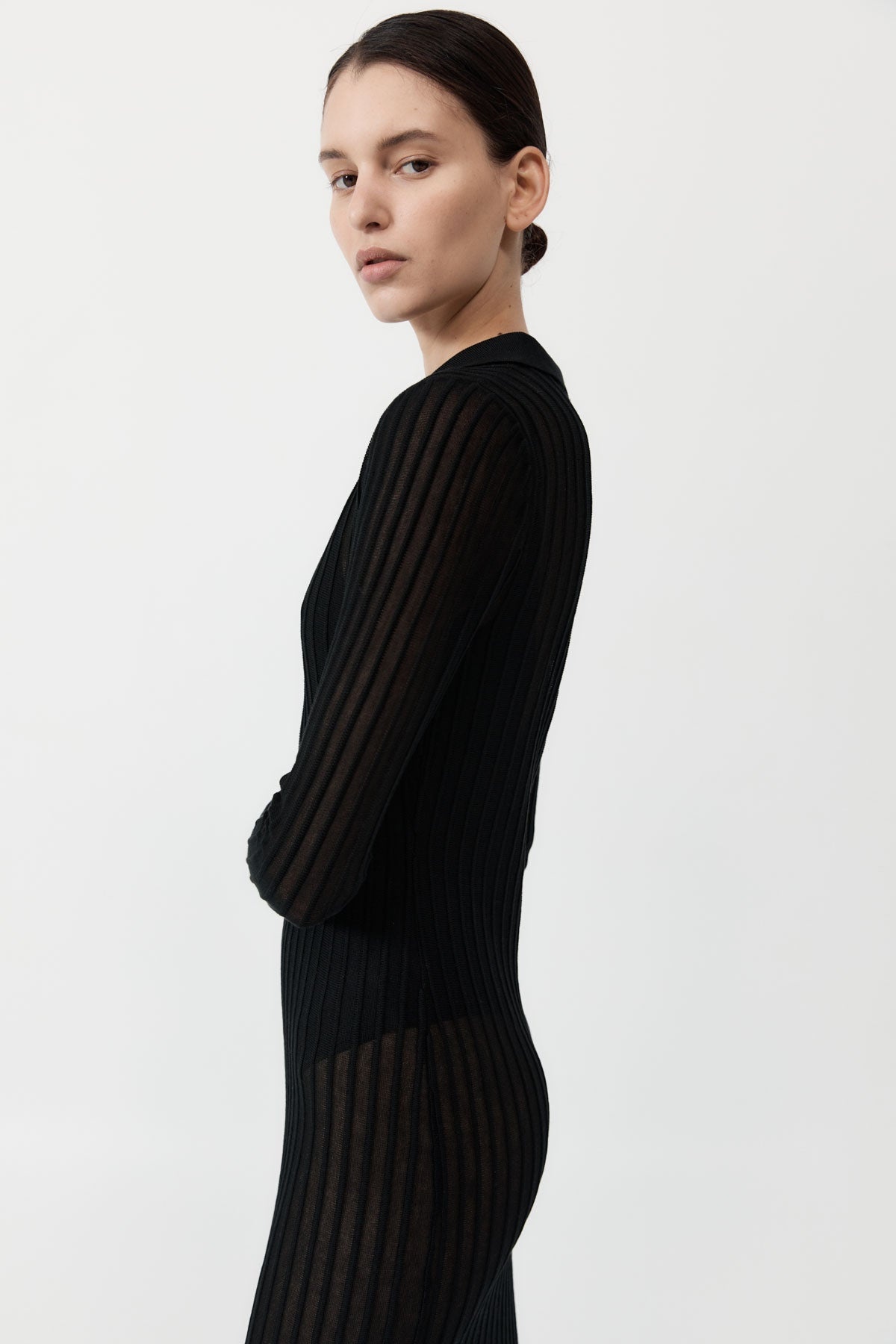 Sheer Stripe Dress - Black - 4