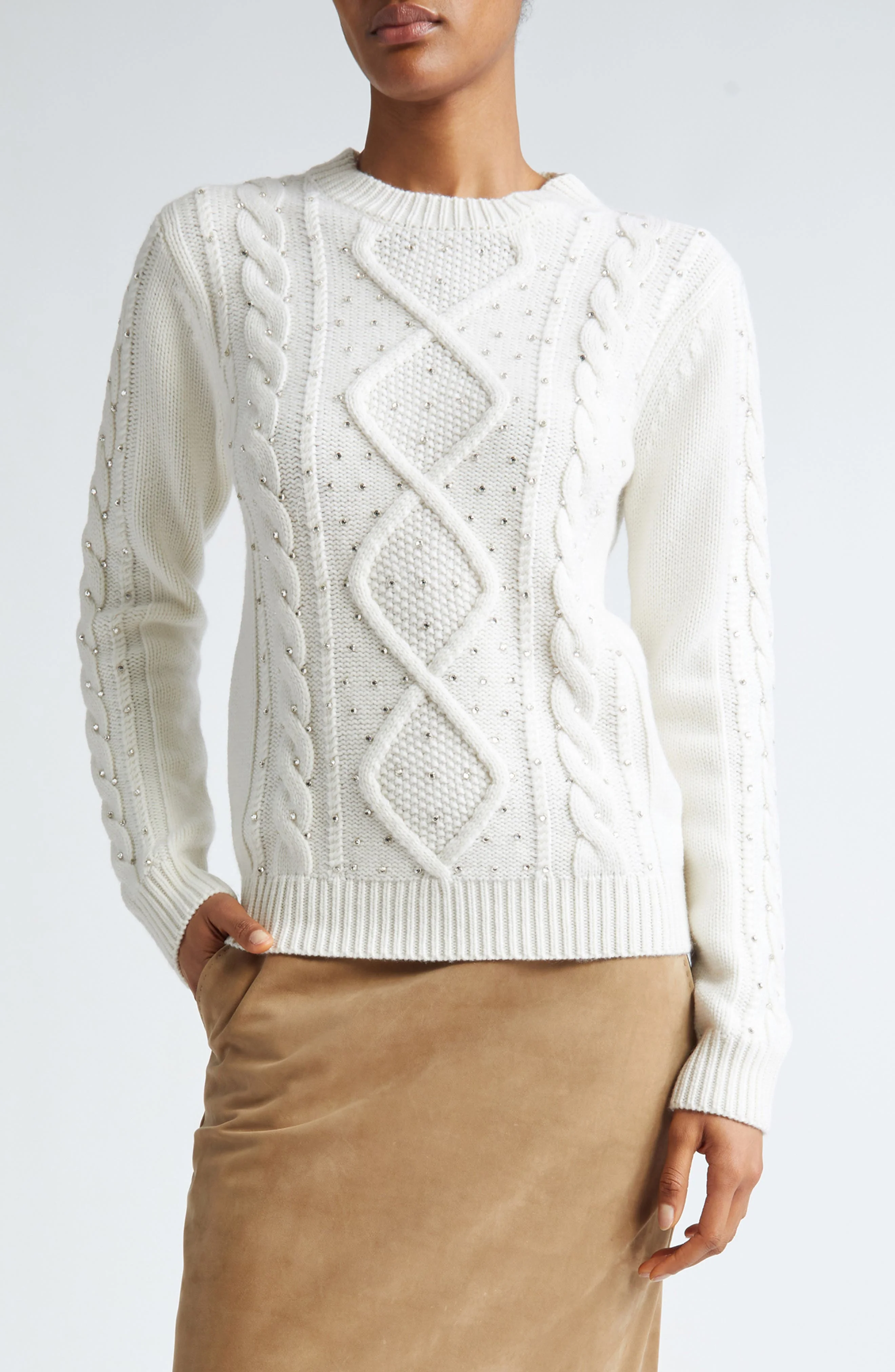 Max Mara Onde Embellished Cable Stitch Wool & Cashmere Sweater in White at Nordstrom - 1