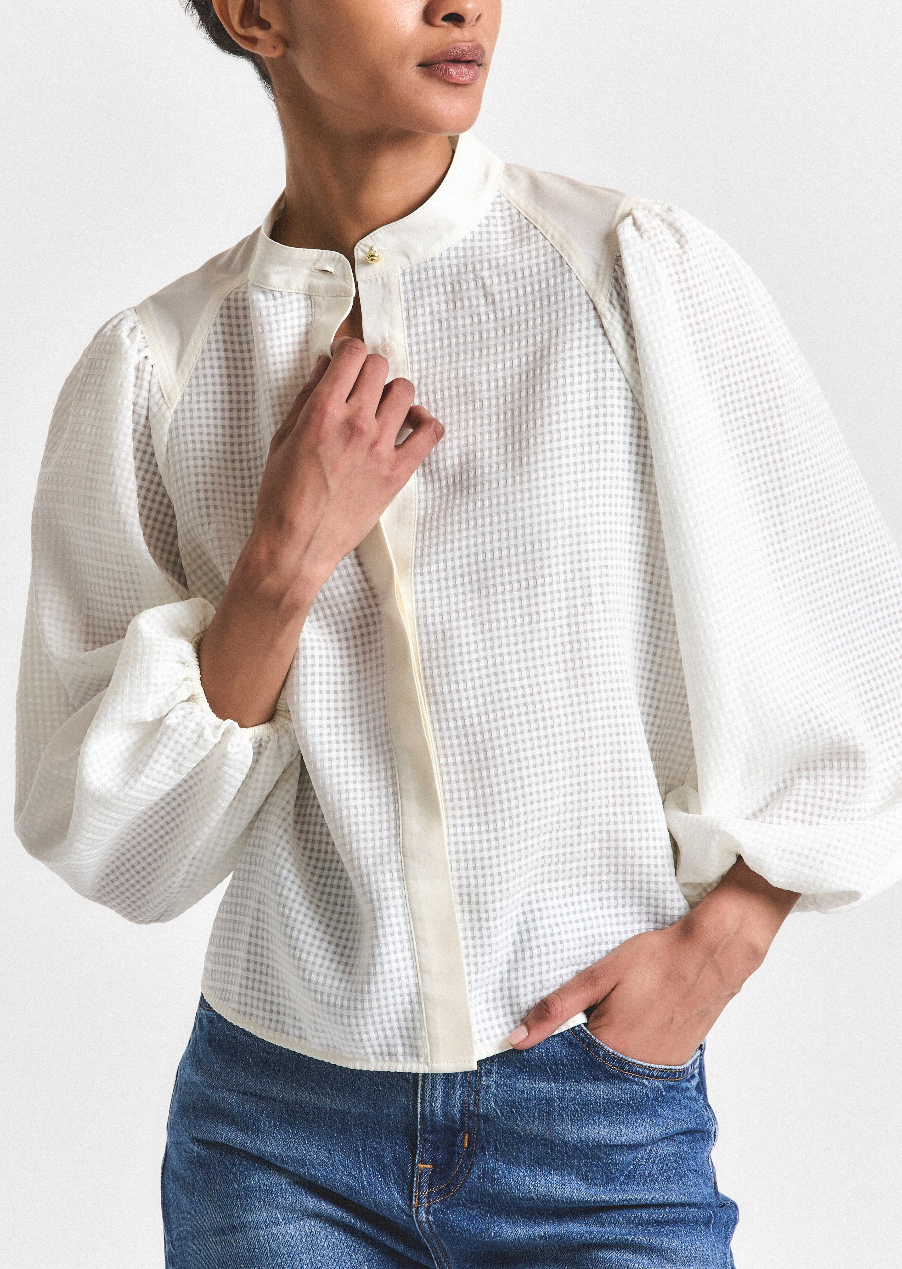 DIANNE MINI GRID GEORGETTE VOLUME SLEEVE BLOUSE - 3