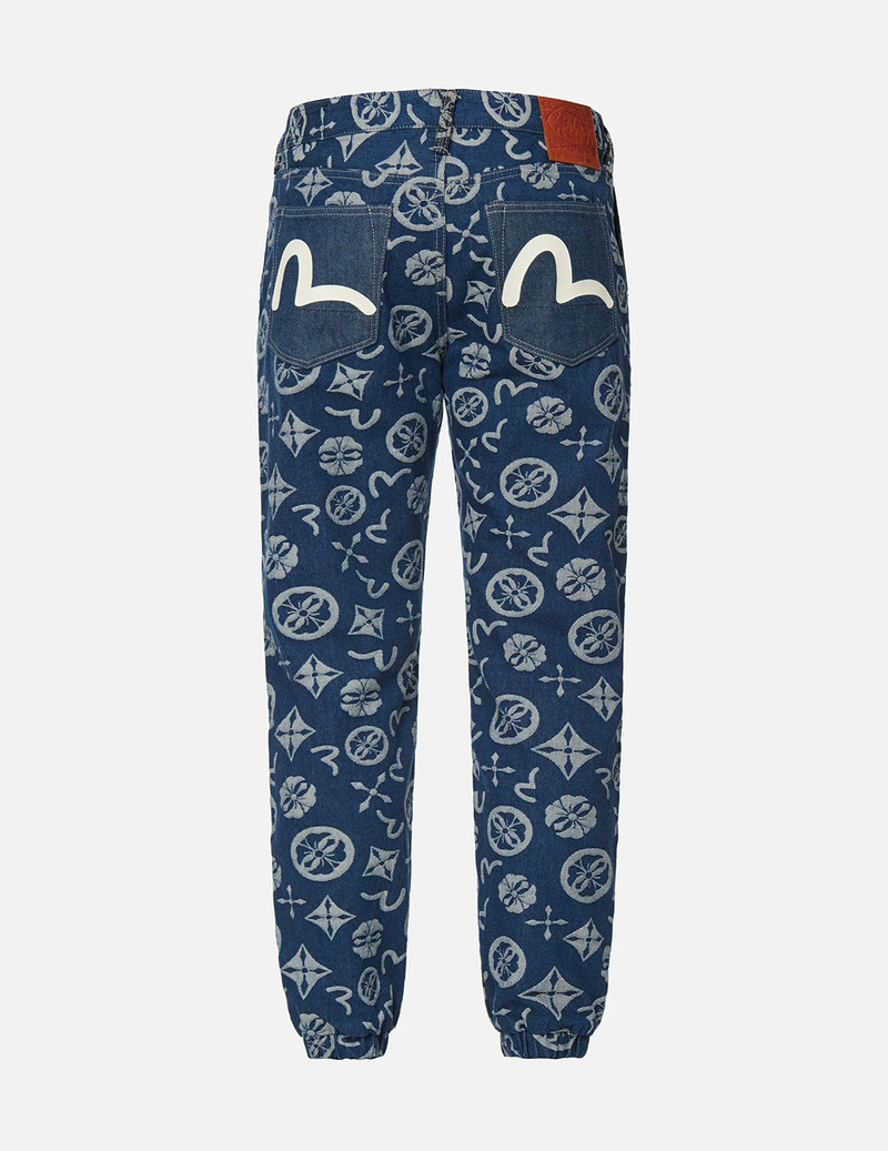 EVISU ALLOVER BRAND ELEMENTS JACQUARD BLOCKING DENIM JOGGER PANTS outlook