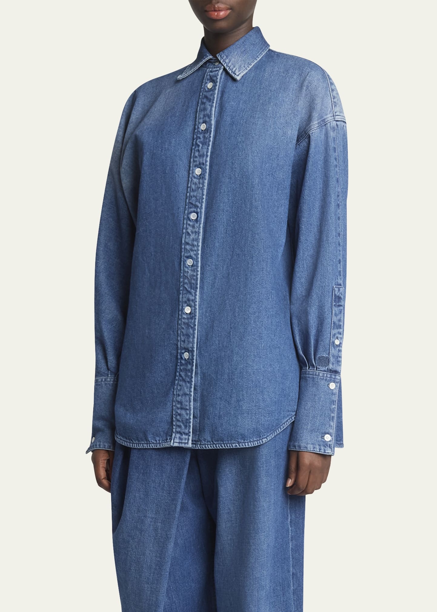 Denim Button-Front Shirt with Mother of Pearl Buttons - 4