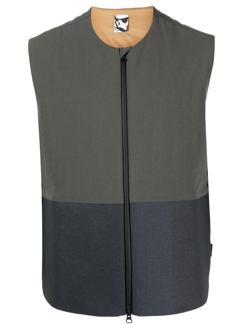 zip-up collarless gilet 1