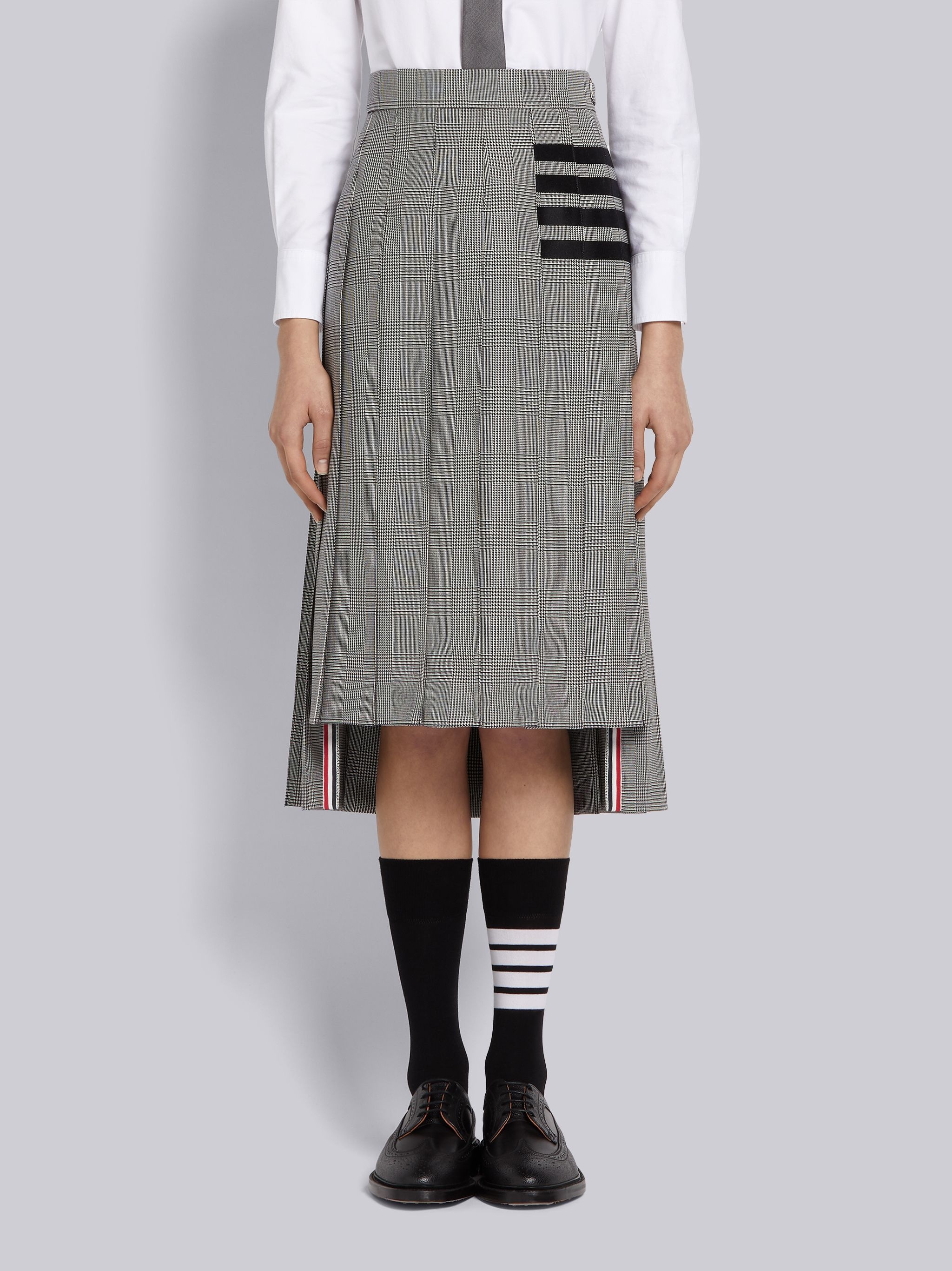 Black and White Heavy Wool Engineered 4-bar Dropped Back Pleated Below-the-knee Skirt - 1