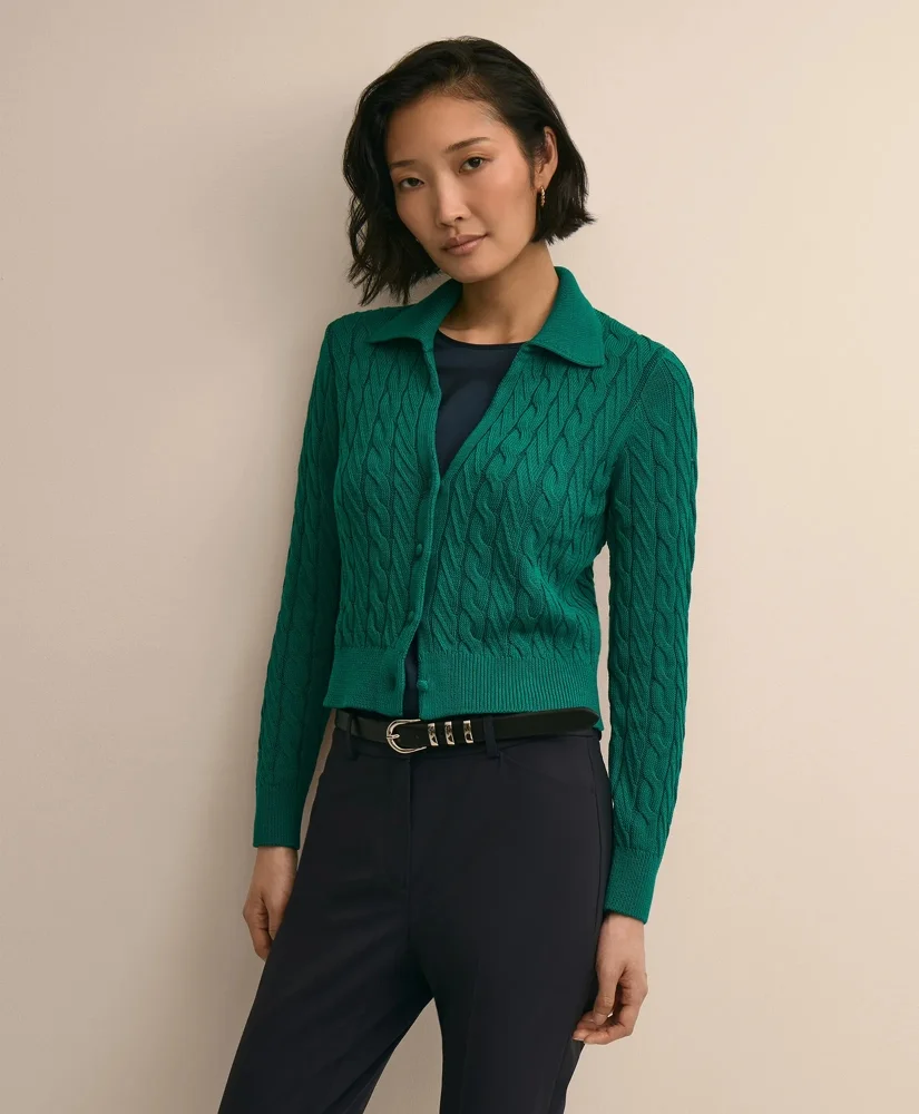Cropped Cotton Cable-Knit Polo Cardigan - 1