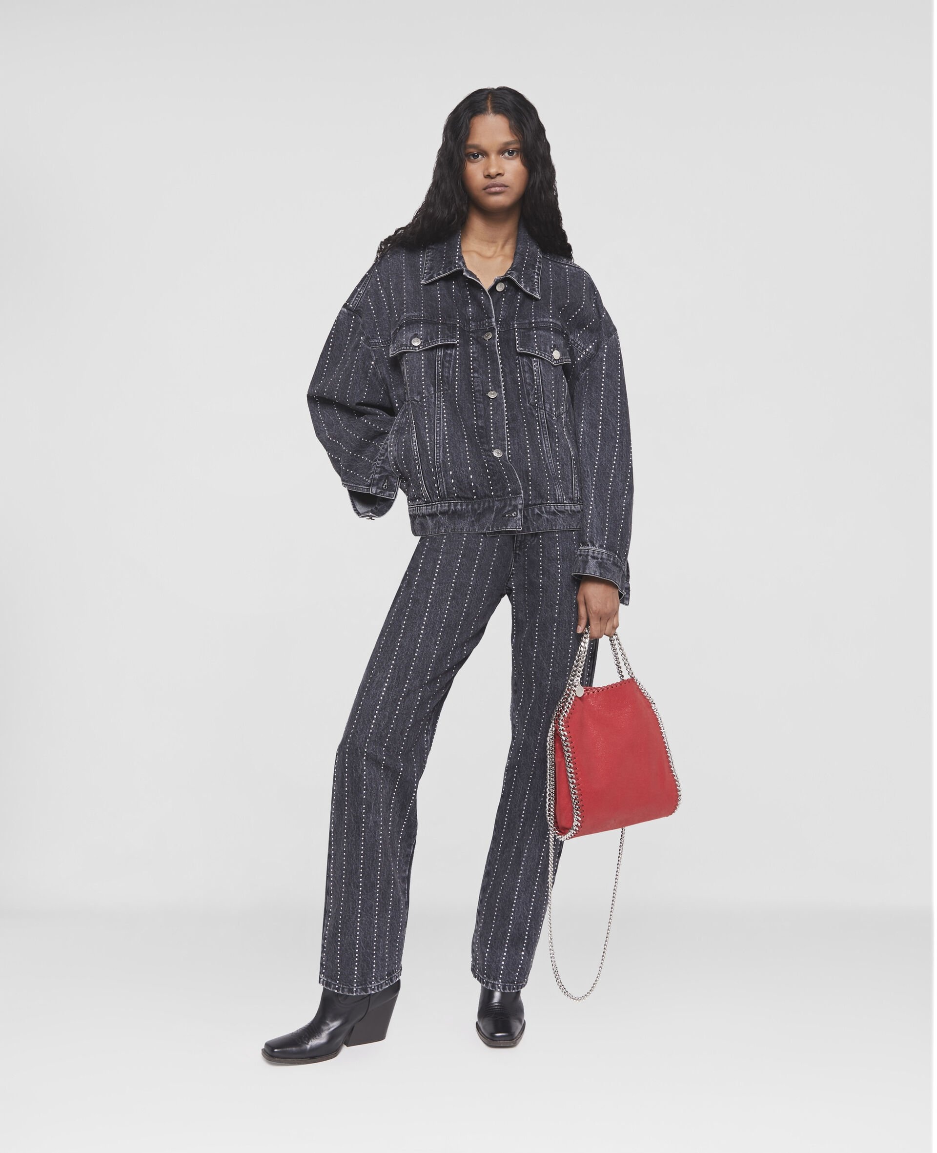 Crystal Pinstripe Oversized Denim Jacket - 2