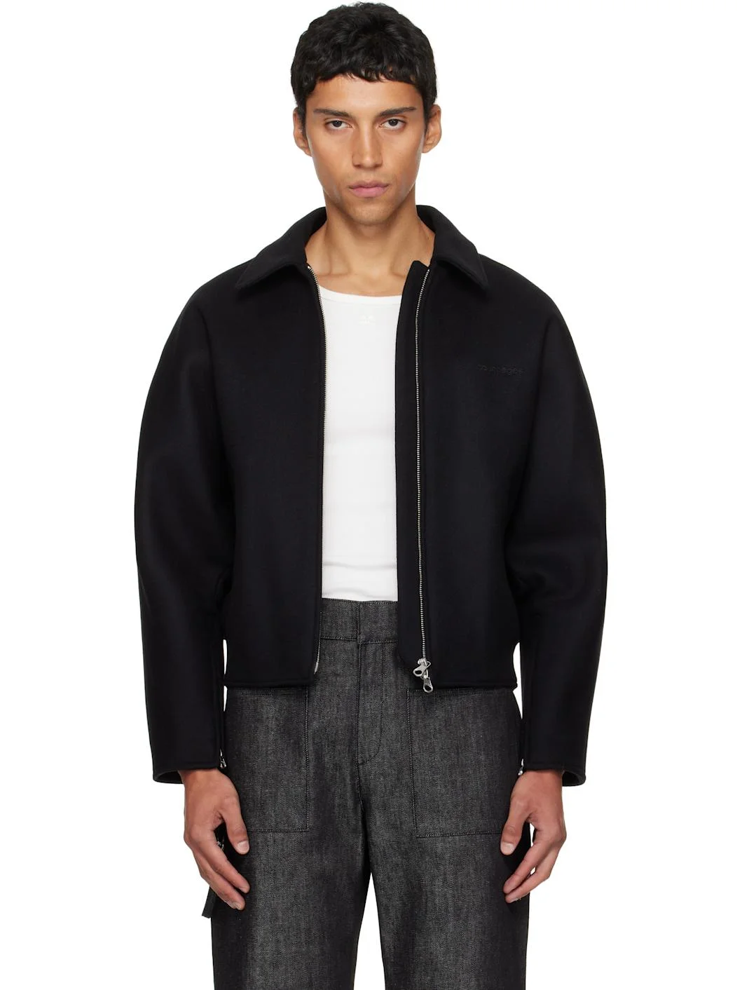 Black Embroidered Wool Bomber Jacket - 1