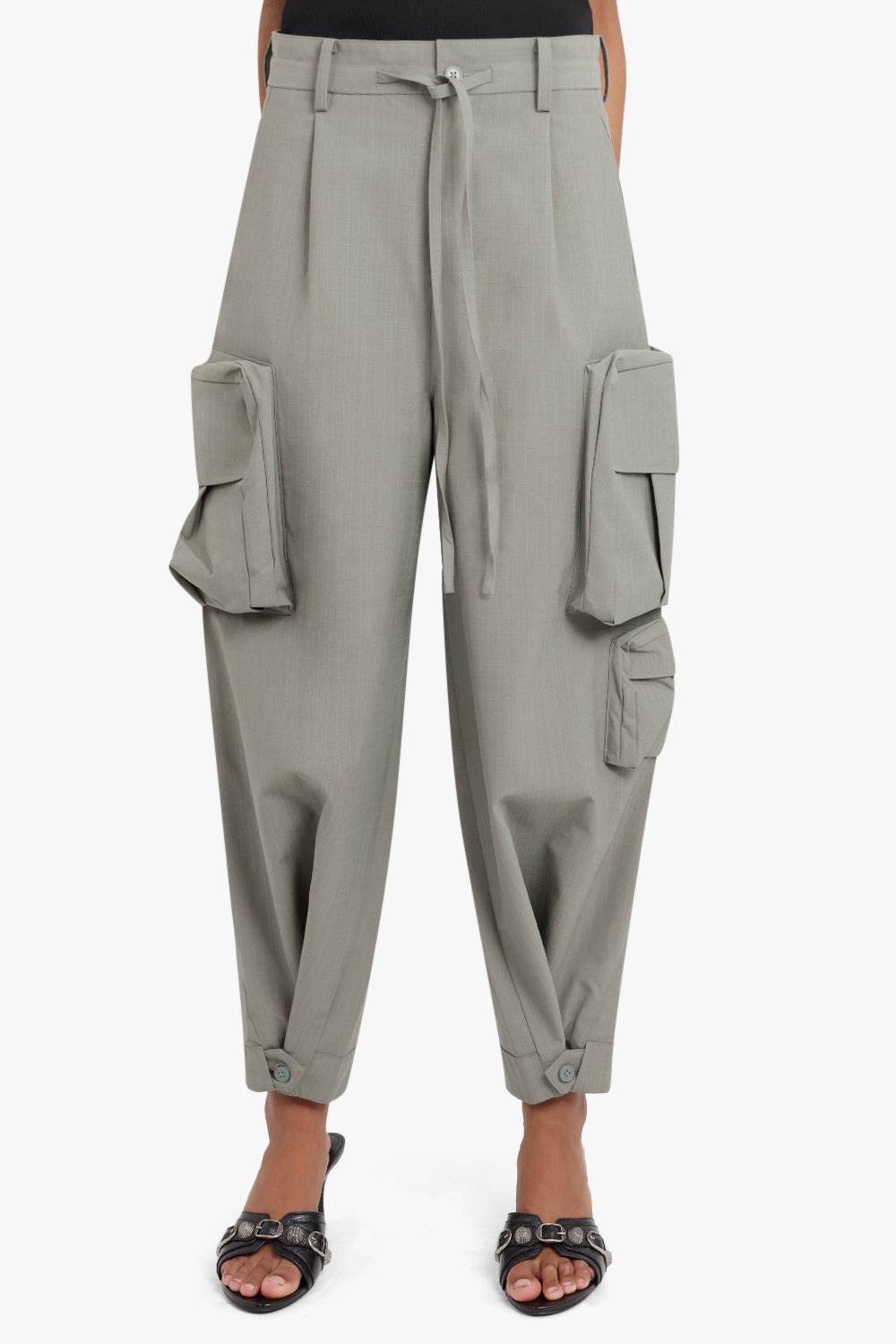WIDE LEG COTTON CARGO PANTS | STONE GREEN - 5