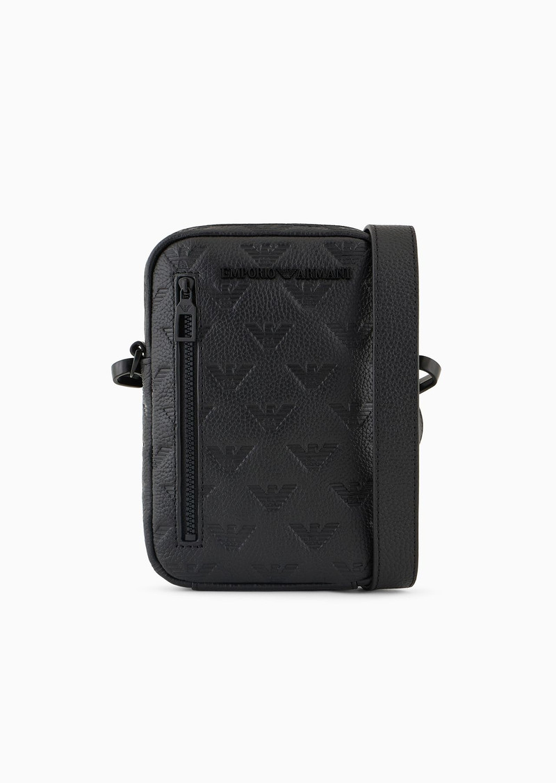 Leather tech case with shoulder strap with all-over embossed eagle 1