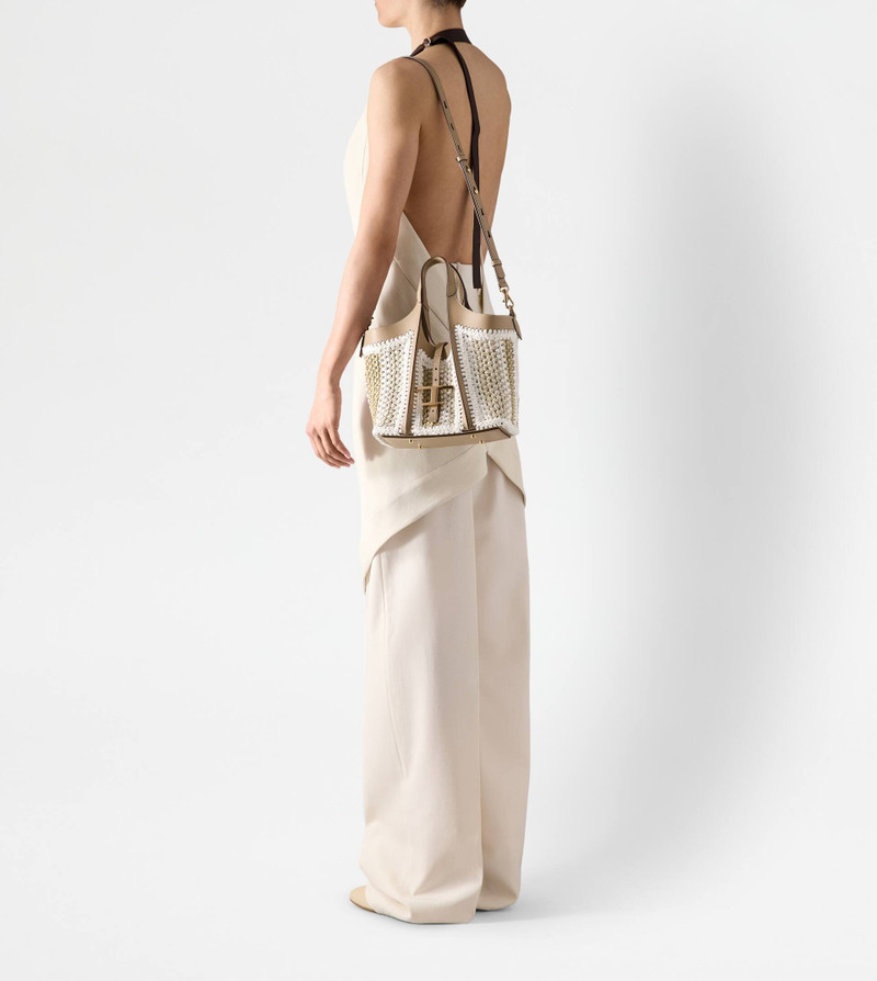 T TIMELESS SHOPPING BAG IN RAFFIA AND LEATHER MINI - BEIGE, WHITE 8