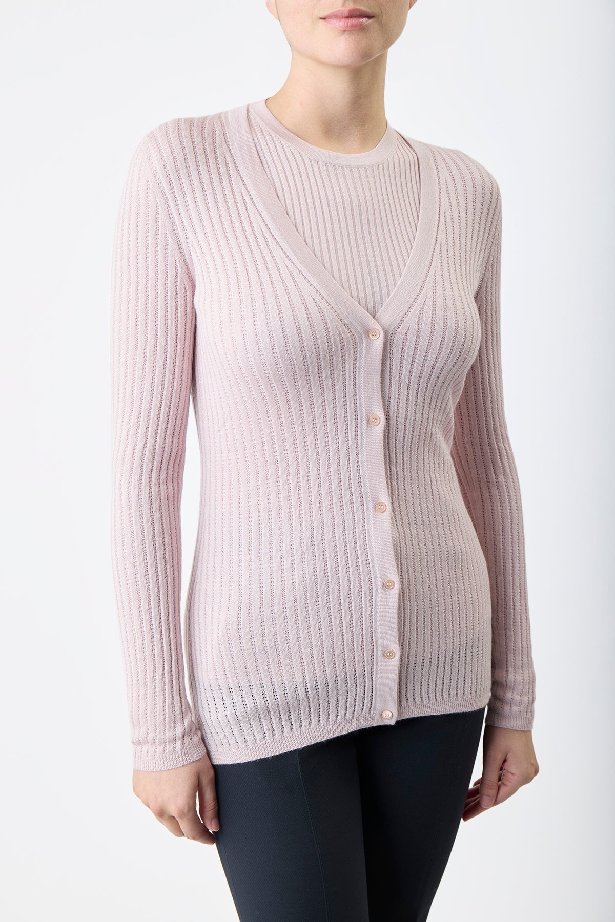 Emma Pointelle Cardigan in Blush Silk Cashmere - 5