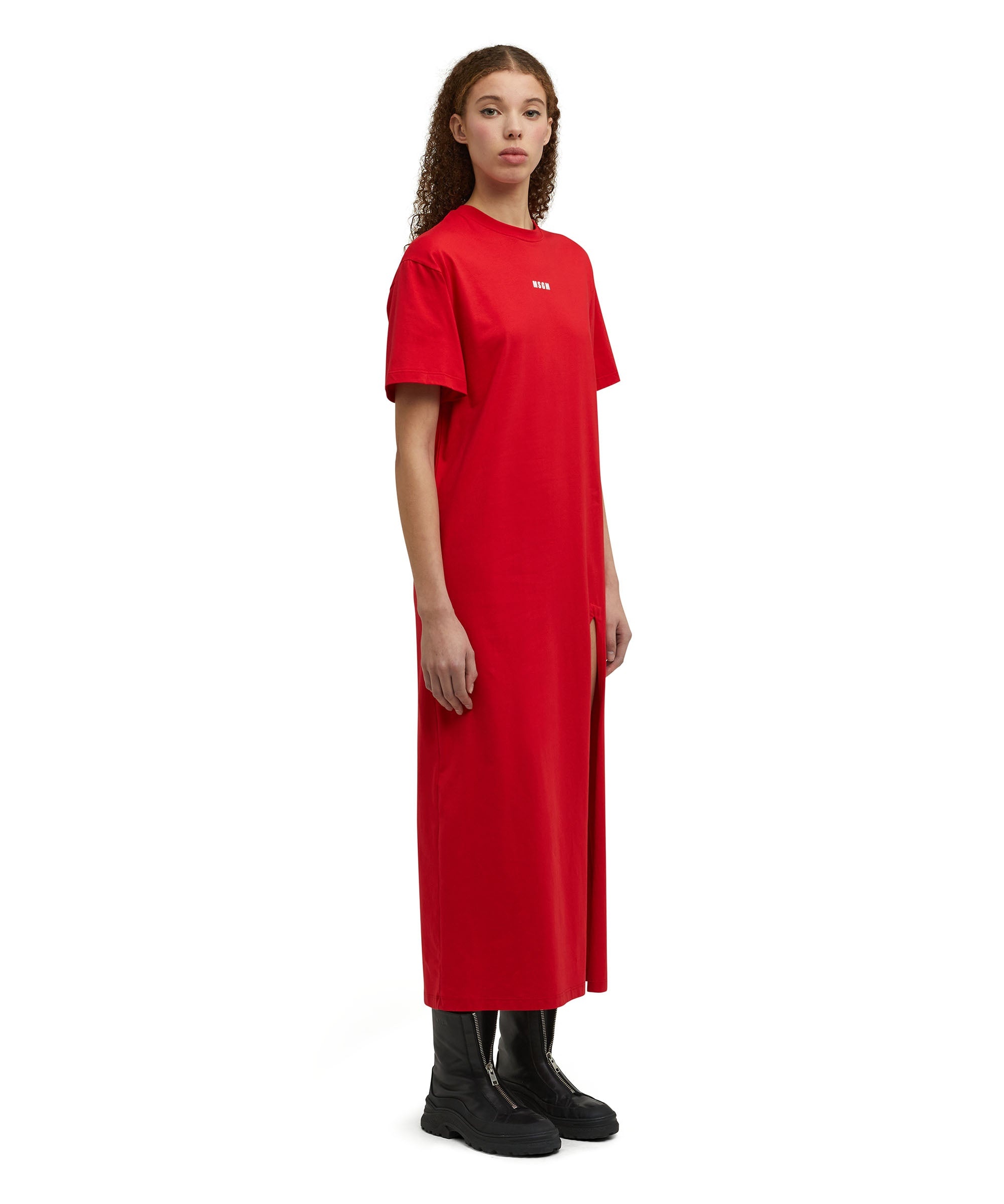 Long cotton dress with side slit and logo - 3