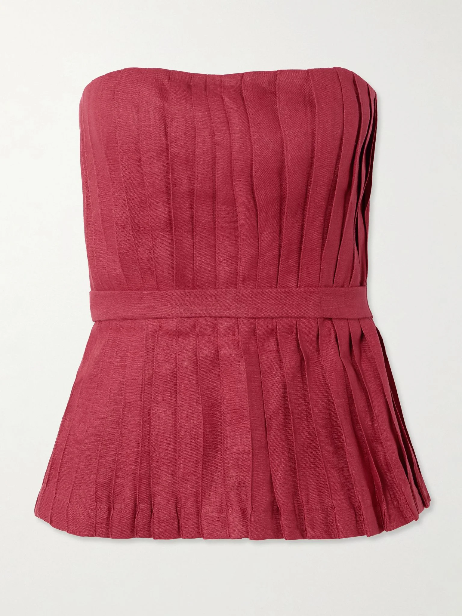 Encantadora strapless belted pleated linen top Burgundy - 1