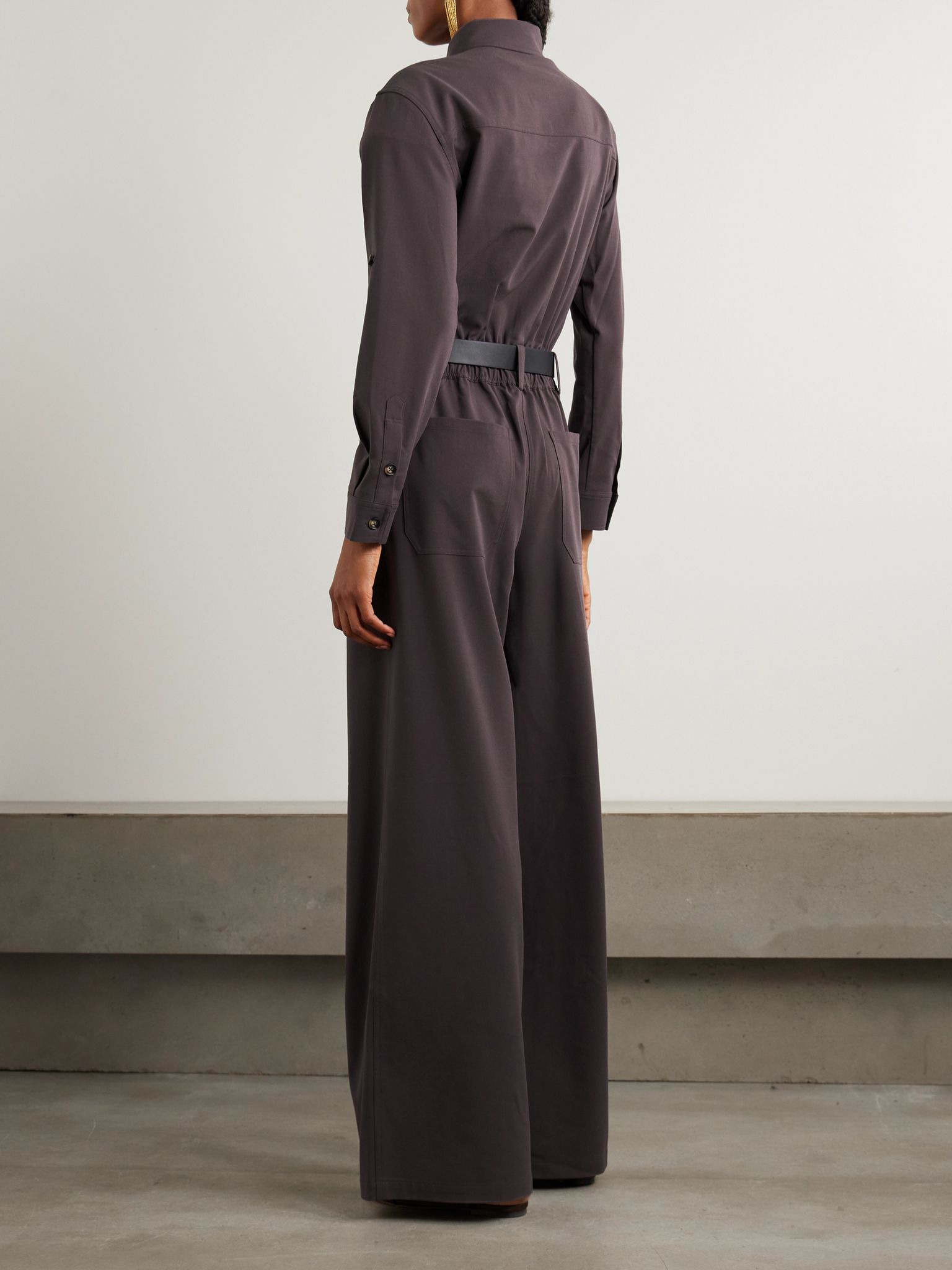 Belted leather-trimmed twill jumpsuit Brown - 4
