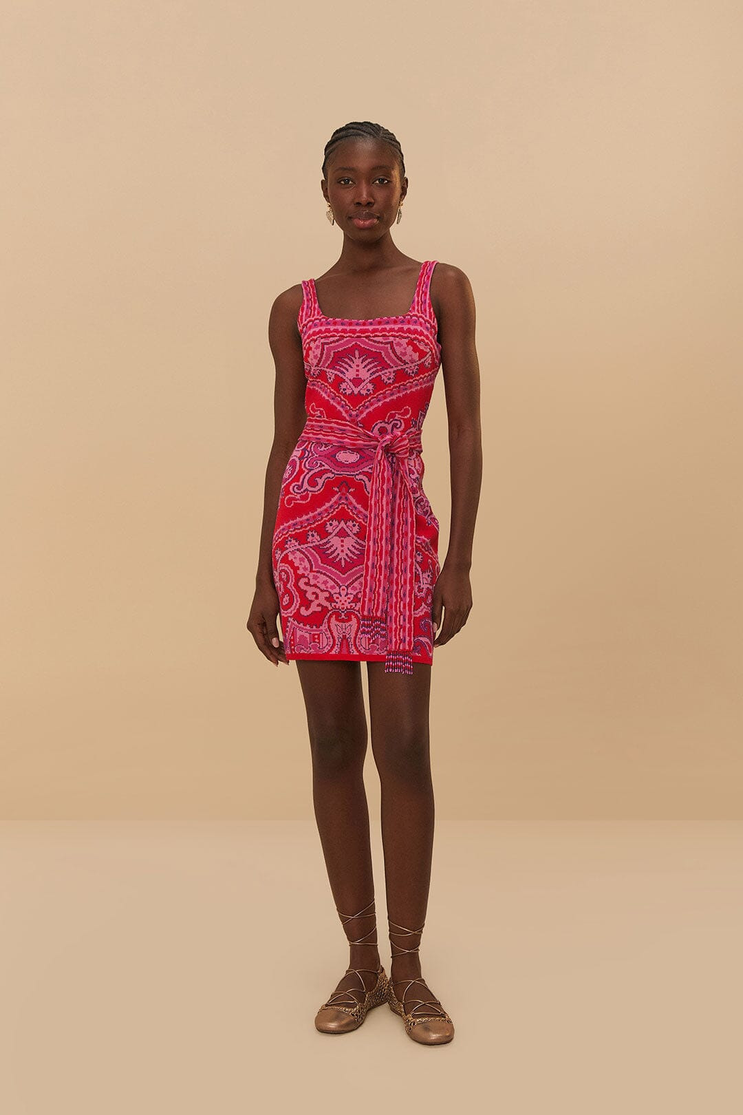 Red Paisley Scarf Knit Mini Dress - 3