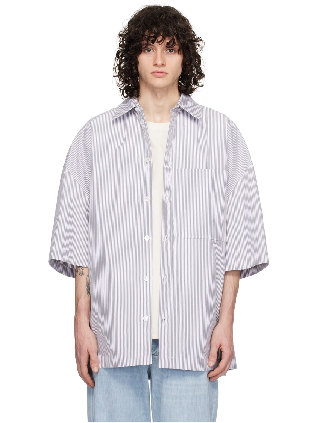 Gray & White Striped Shirt - 1