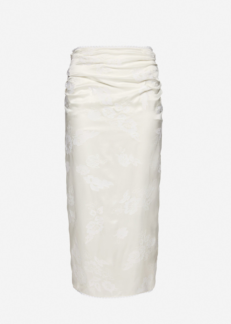 Embroidered silk satin long skirt in white 1