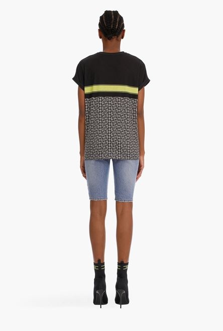 Bicolor cotton jacquard T-shirt with lime green Balmain logo print - 3