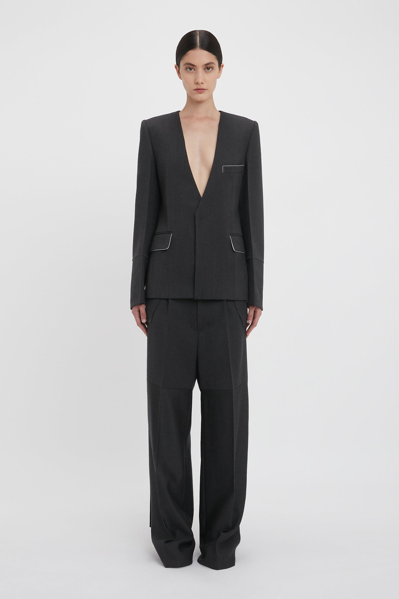 Victoria Beckham Shrunken Collarless Jacket In Charcoal outlook