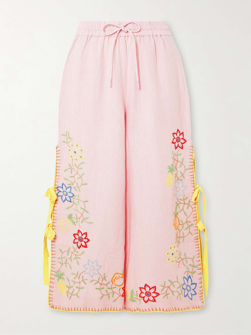 Olivia tie-detailed embroidered linen wide-leg pants Pink 1