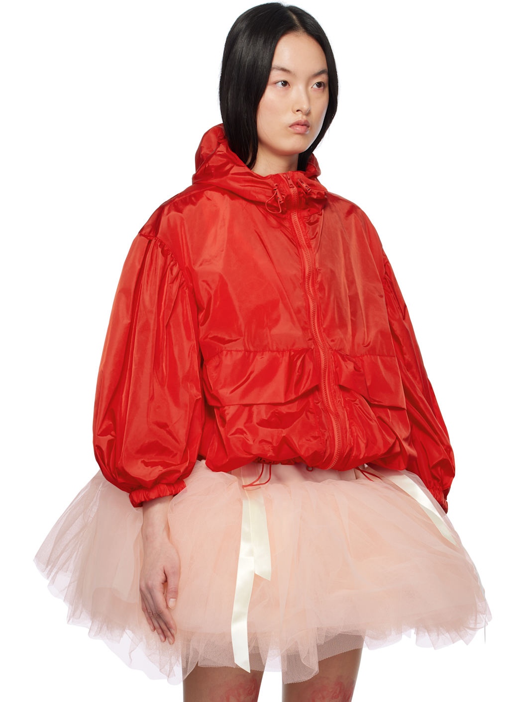 Red Cargo Pocket Puff Sleeve Drawstring Jacket - 2