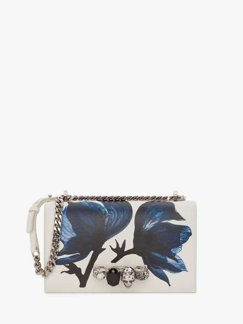 Flower Print Jewelled Satchel in Ivory/blue - 1
