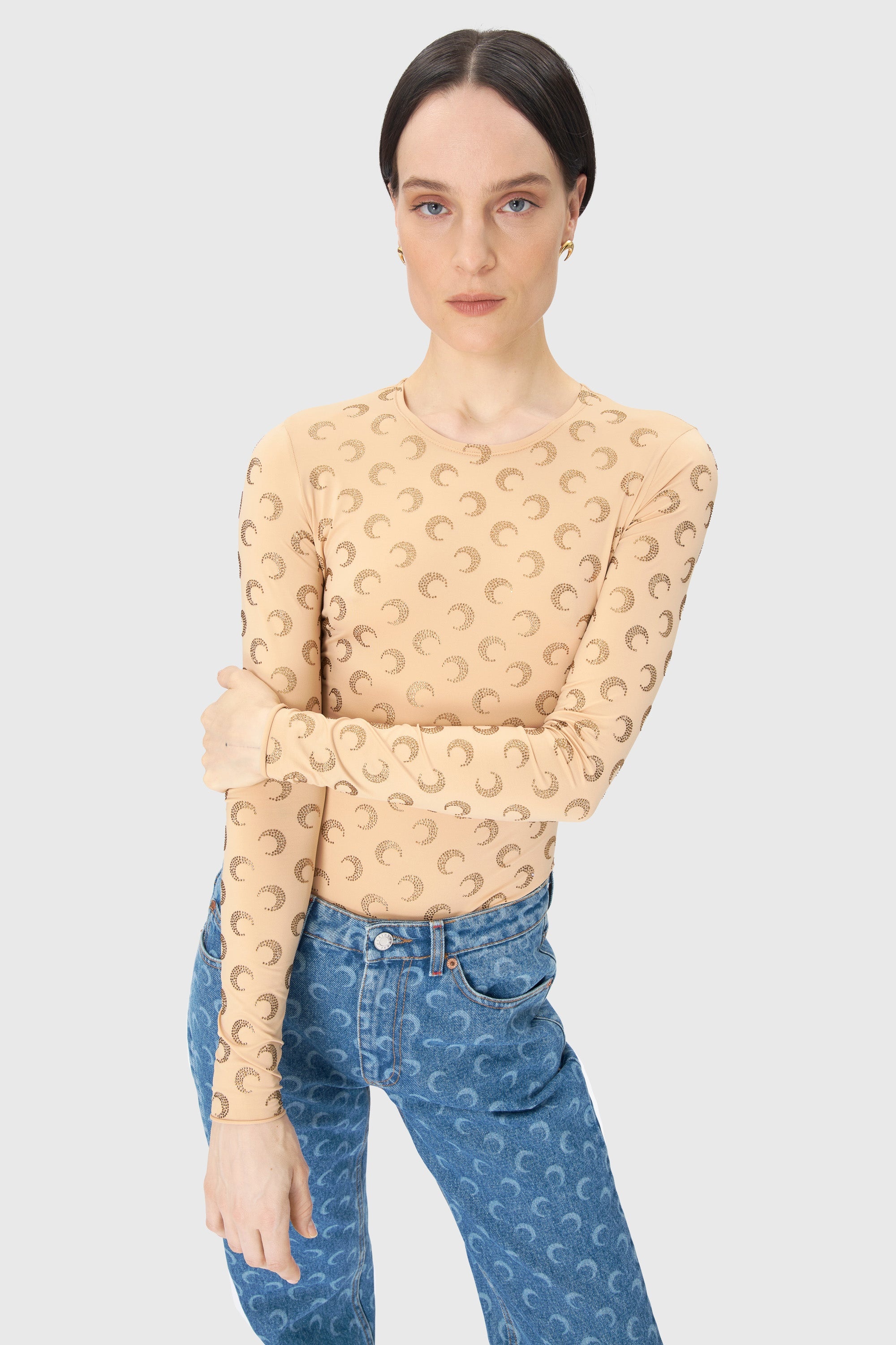 Recycled Moon Strass Jersey Second Skin Crewneck Top - 3