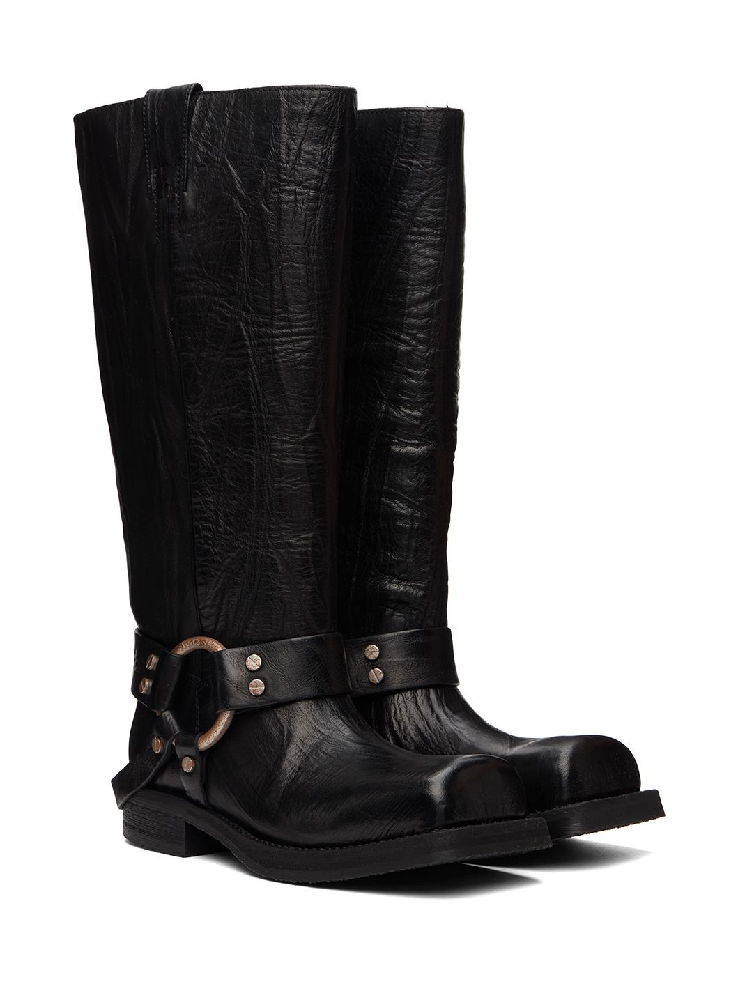Black Leather Buckle Tall Boots - 4