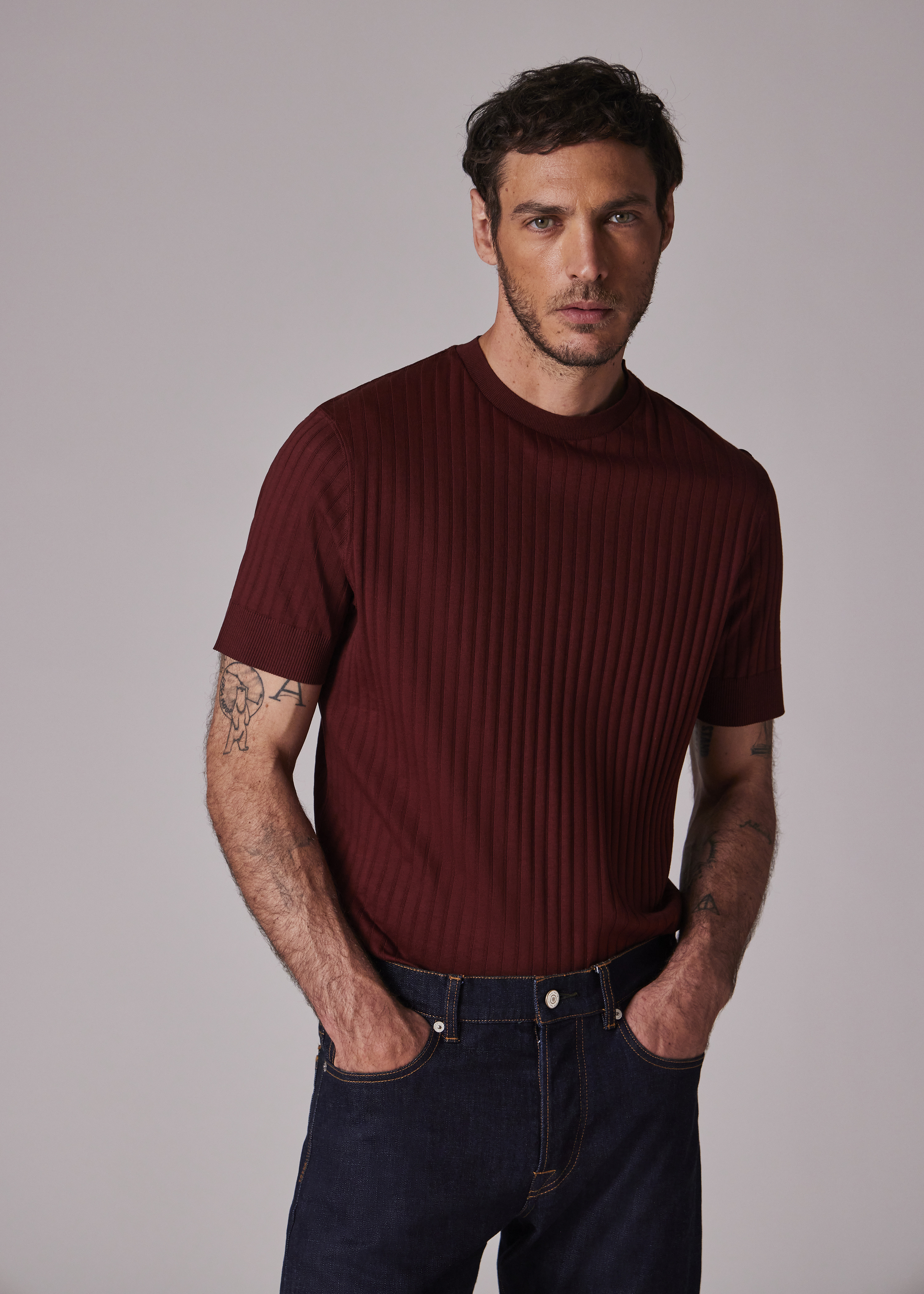 Burgundy Integrated Rib Cotton T-Shirt - 3