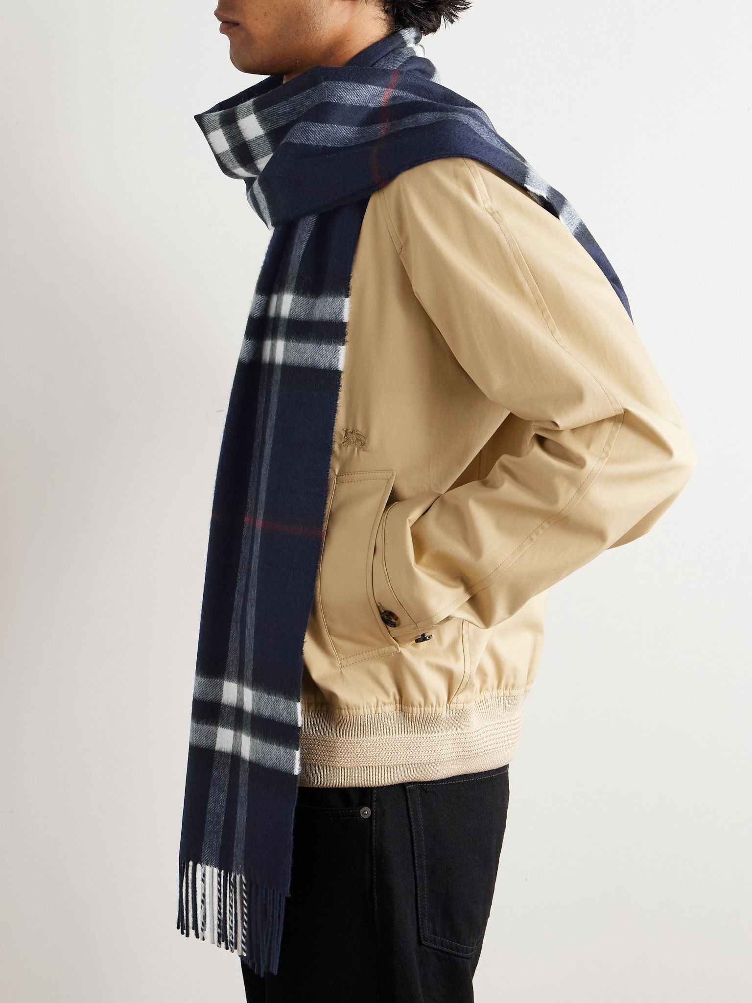 Fringed Checked Cashmere Scarf Navy - 2