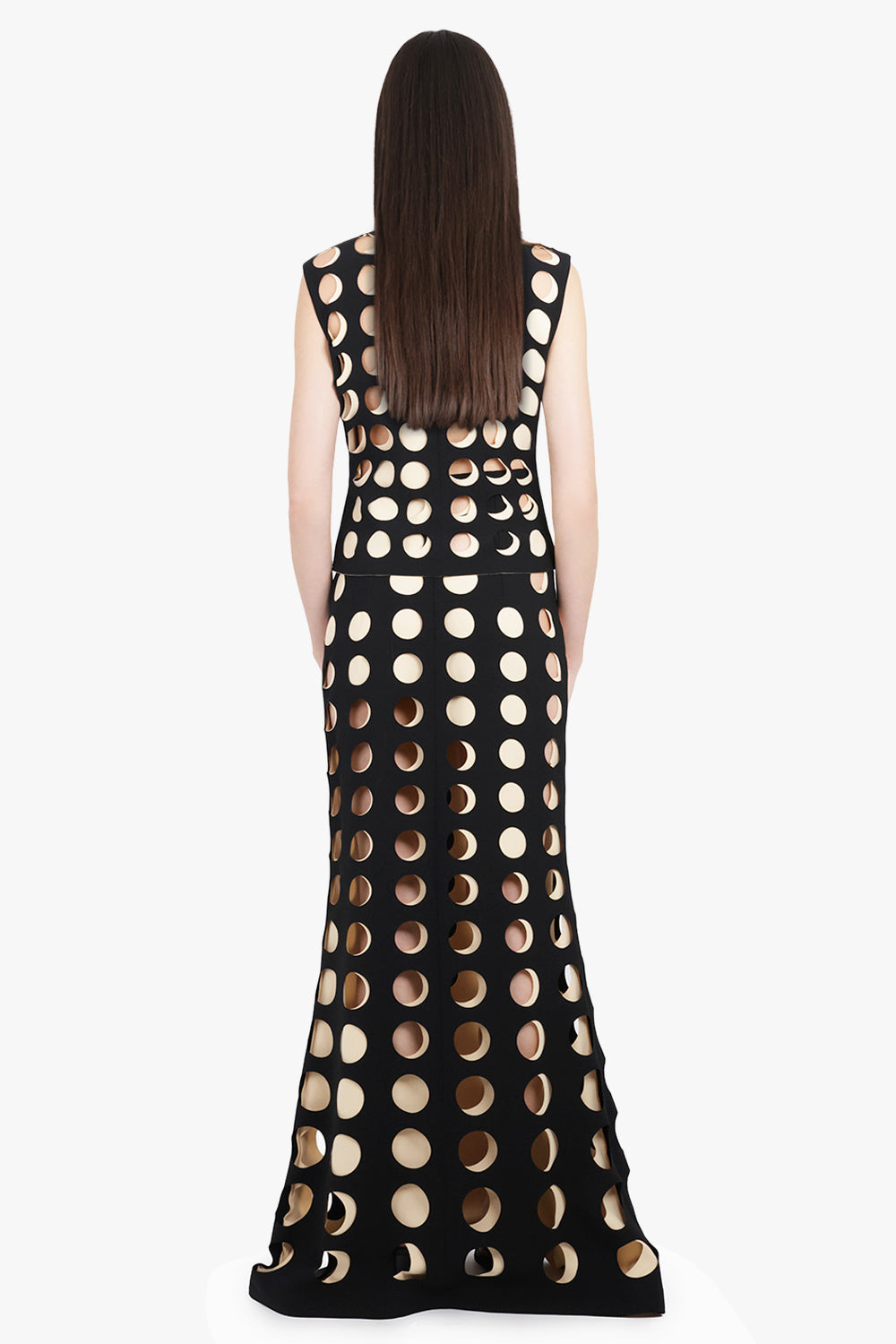 LAYERED HOLE DETAIL FLARED MAXI SKIRT | BLACK/NUDE - 5