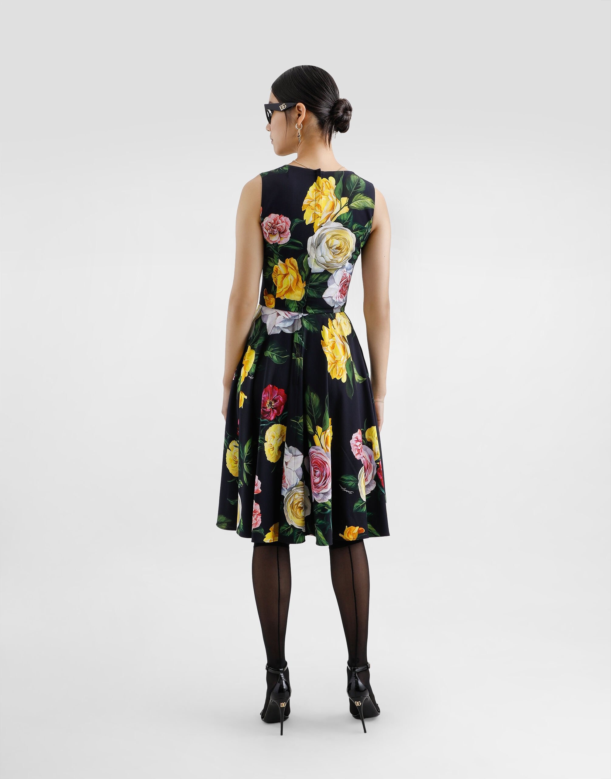 Peony and rose-print cady calf-length dress with circle skirt - 3