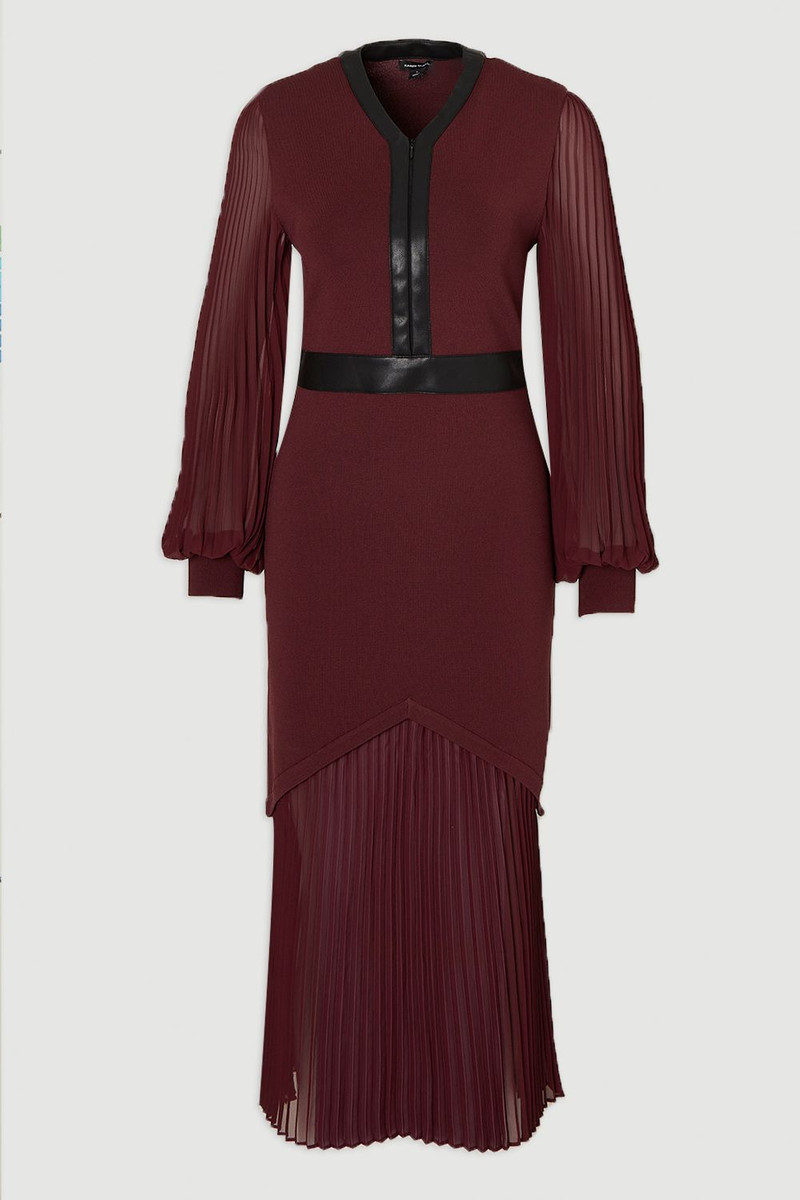 Woven Sleeved Pleated Dress With Pu - 1
