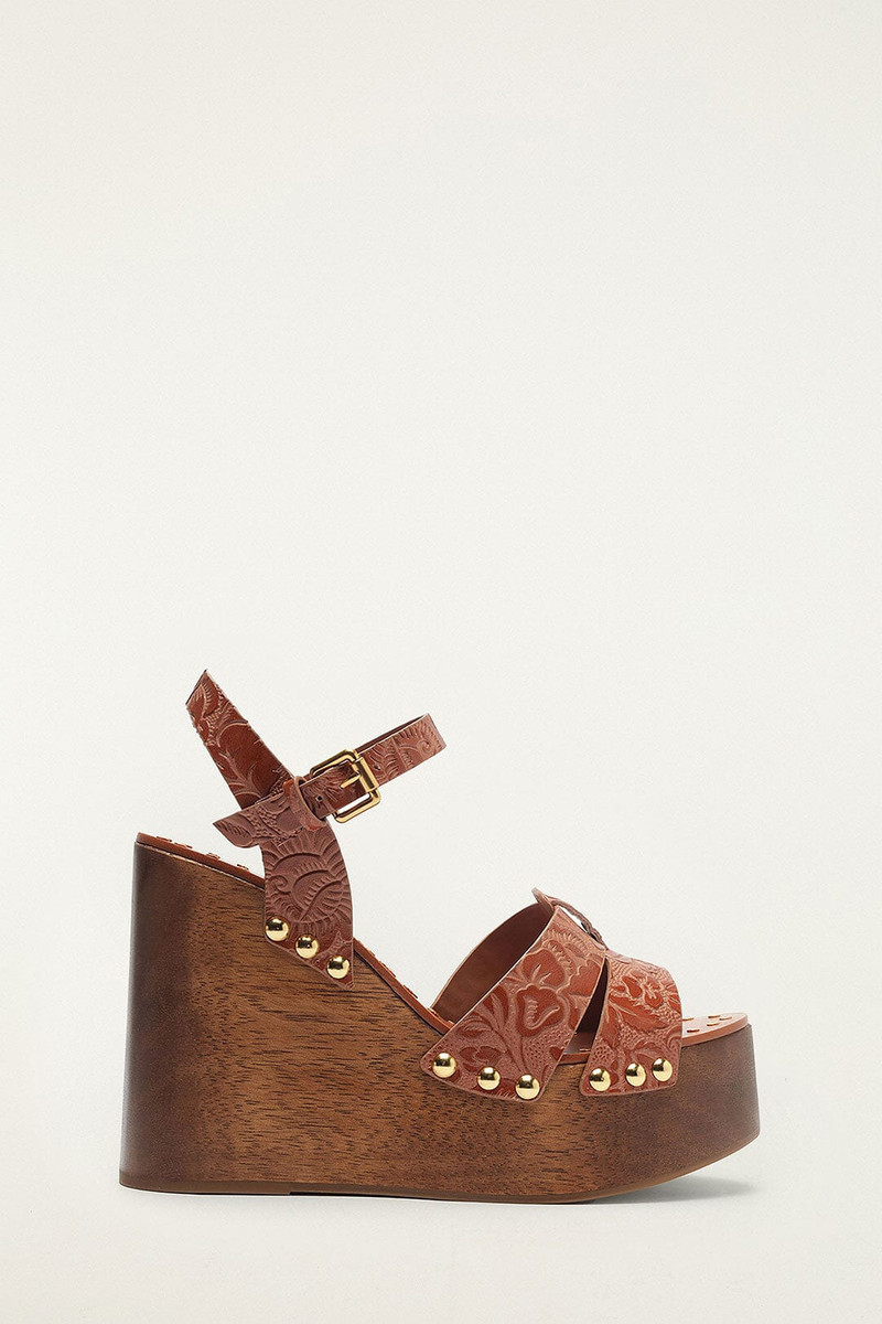 Brown Embossed Wedge Sandal 1