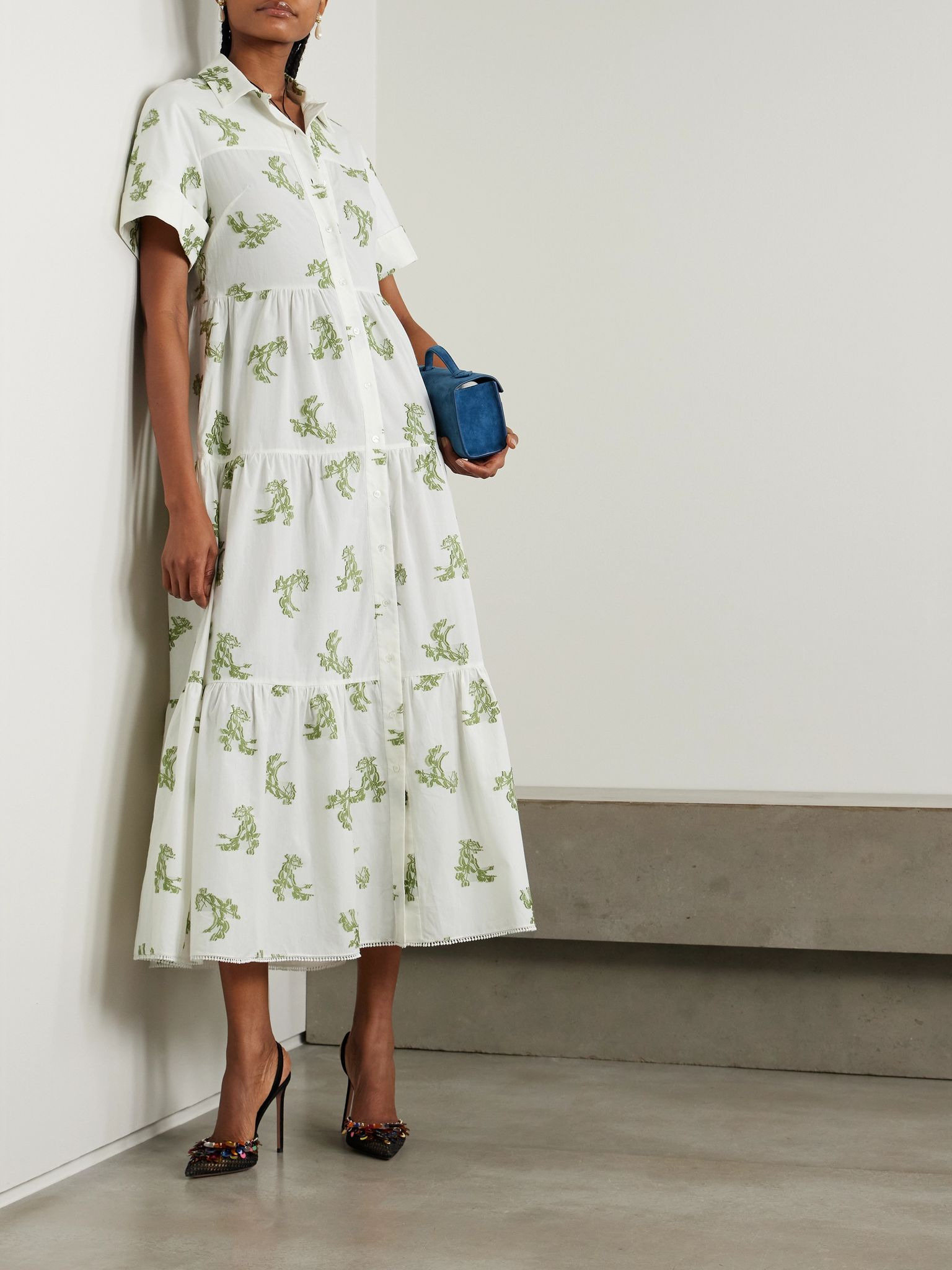Embroidered gathered cotton fil coupé midi dress Ivory - 2