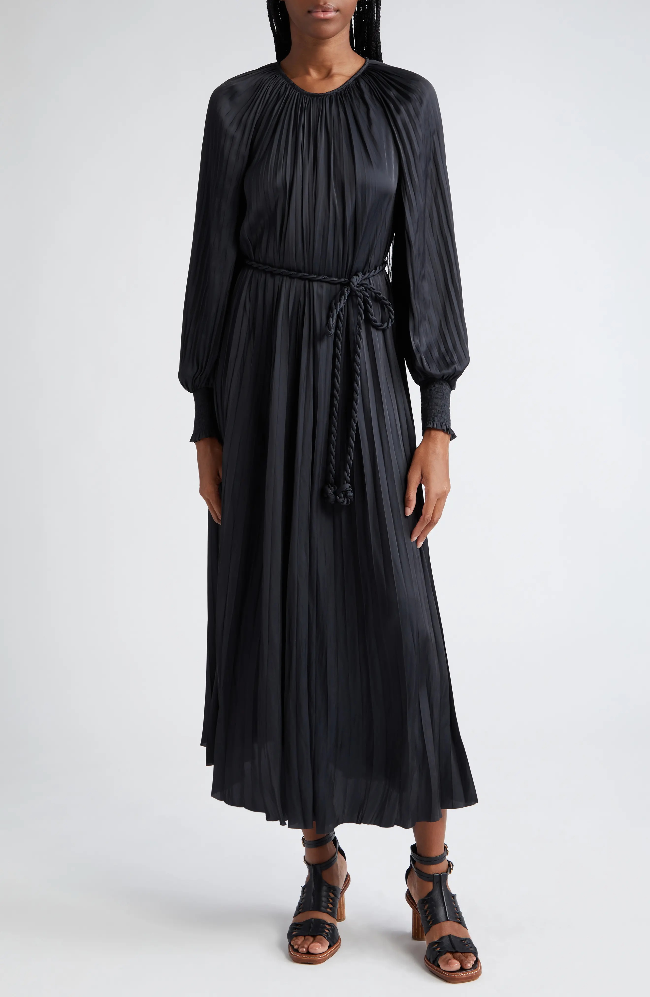 Zora Long Sleeve Pleated Satin Maxi Dress - 1