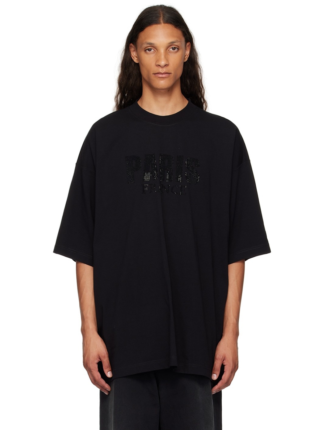 Black 'Paris' Crystal-Cut T-Shirt - 1