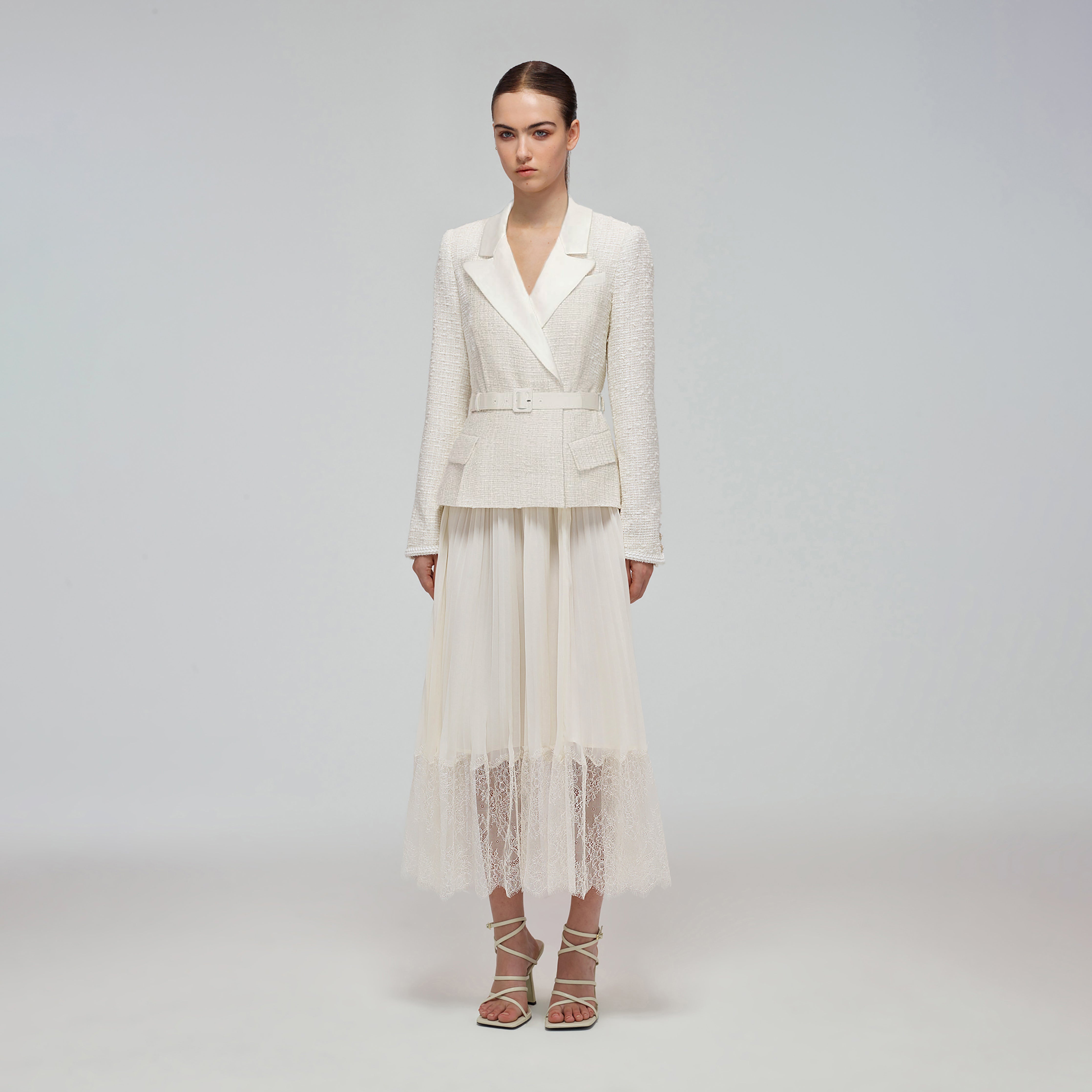 Cream Tailored Bouclé And Chiffon Midi Dress - 2