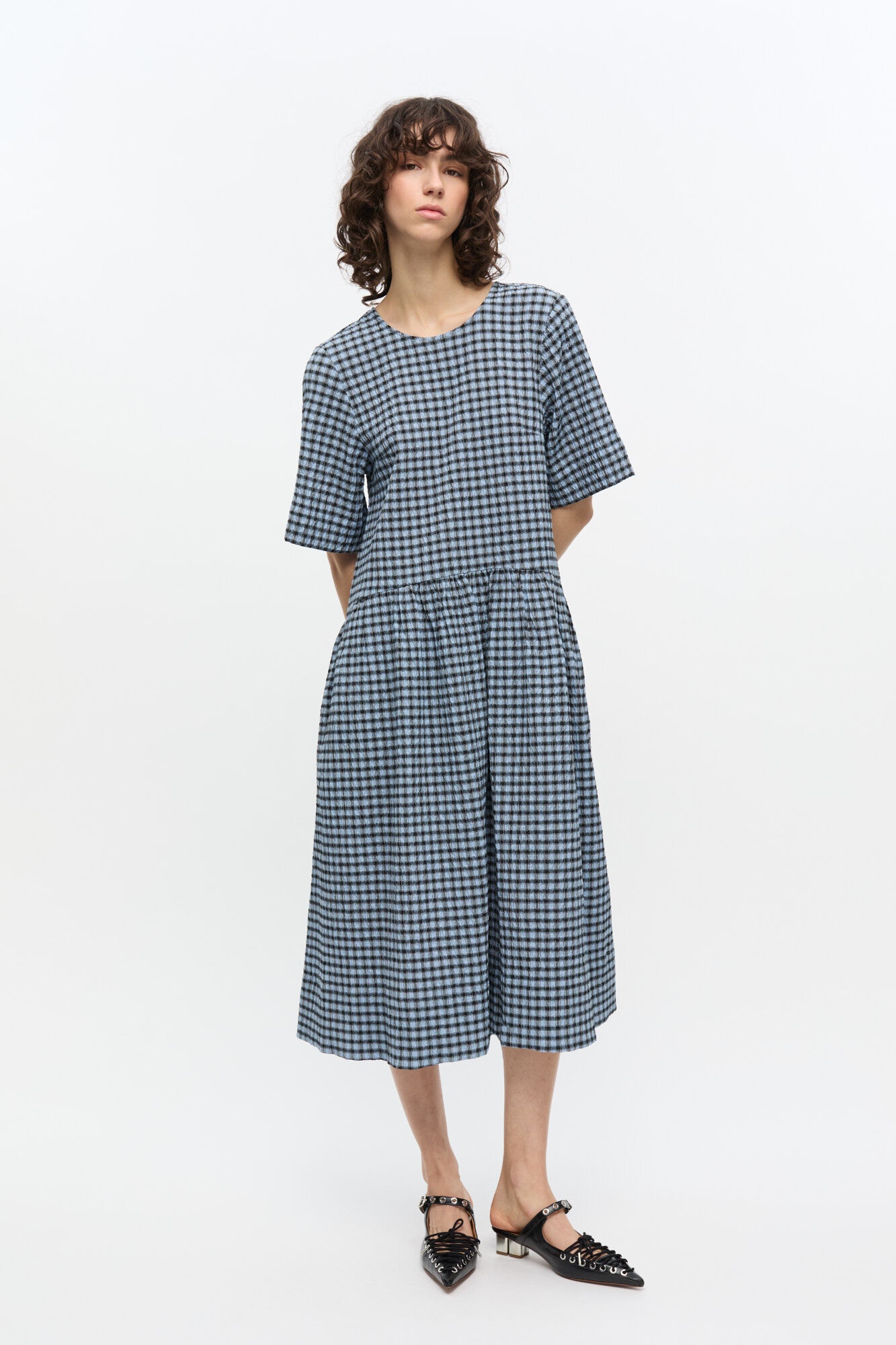 BLUE SEERSUCKER CHECK MIDI DRESS - 2