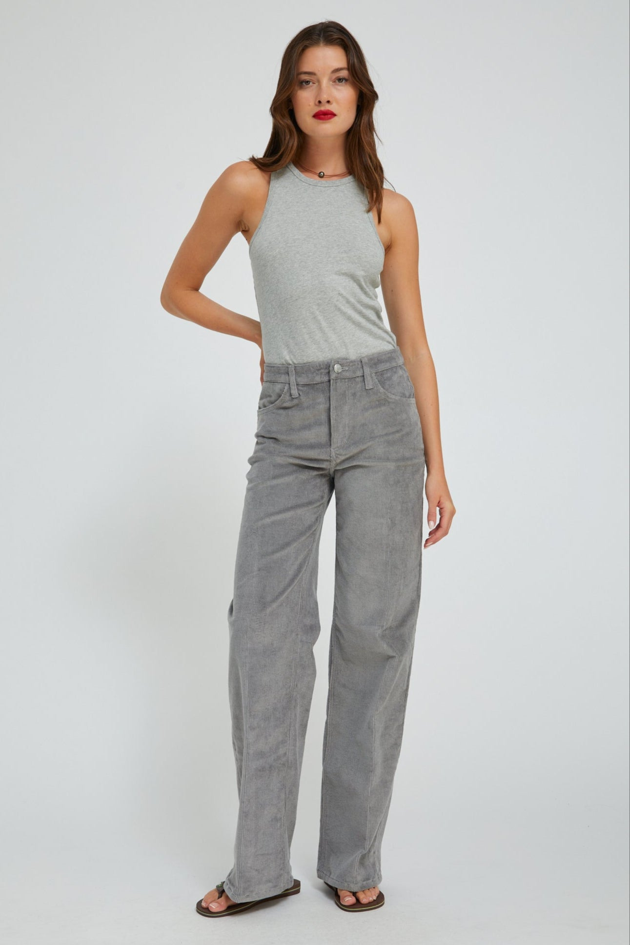 GREY CORDUROY WIDE LEG TROUSERS - 3