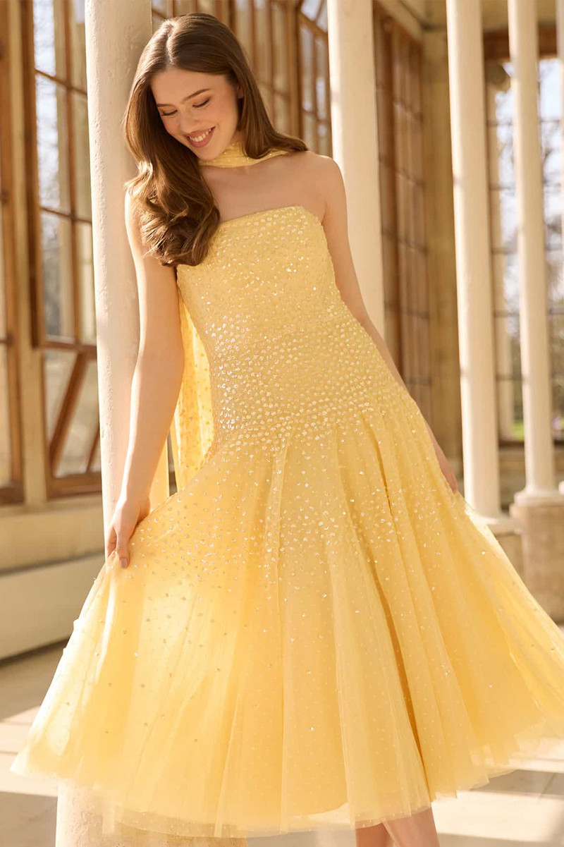 Needle & Thread Sunrise Sequin Strapless Cape Ballerina Dress outlook