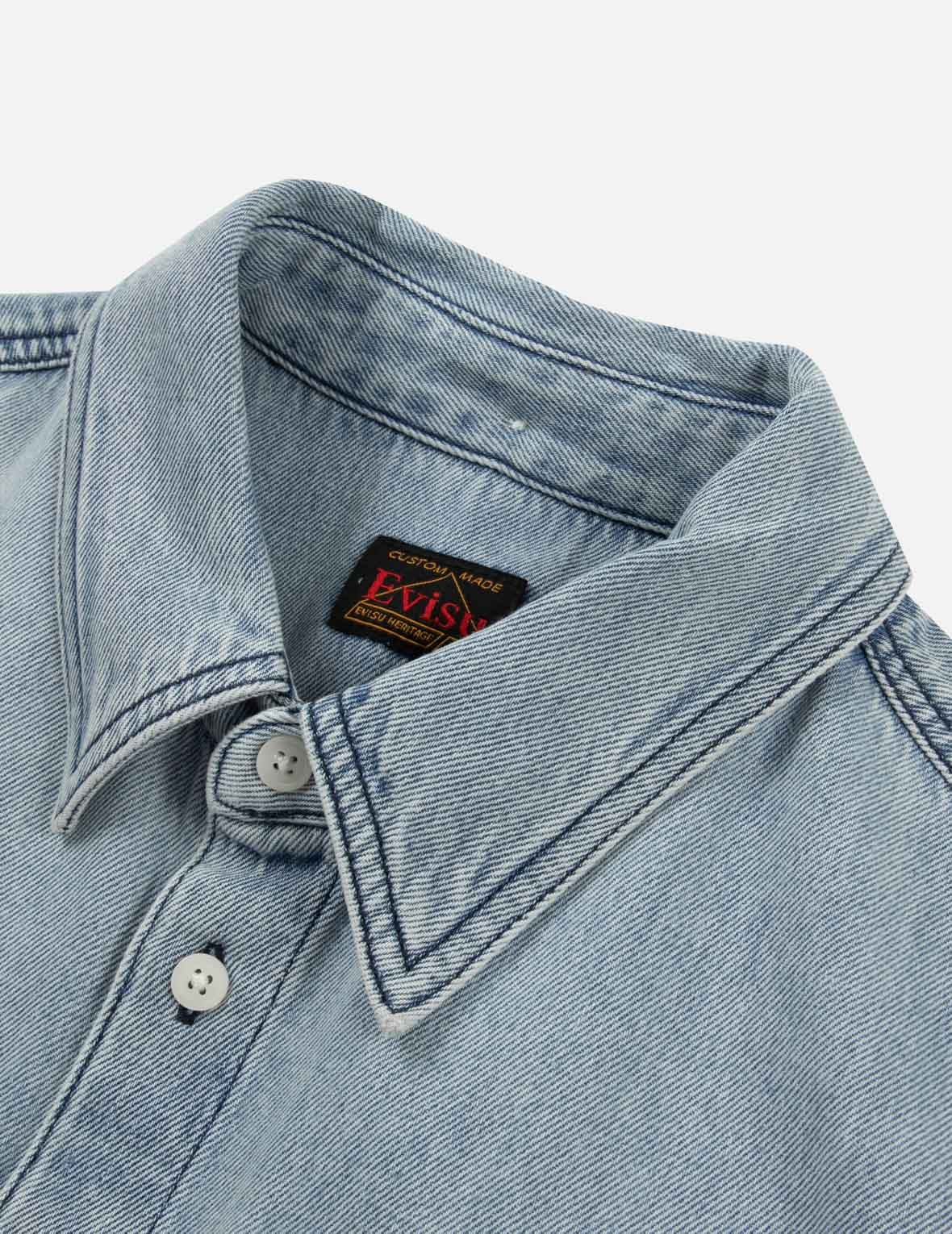 GAMING DARUMA DAICOCK PRINT RELAX FIT SHORT-SLEEVE DENIM SHIRT - 10